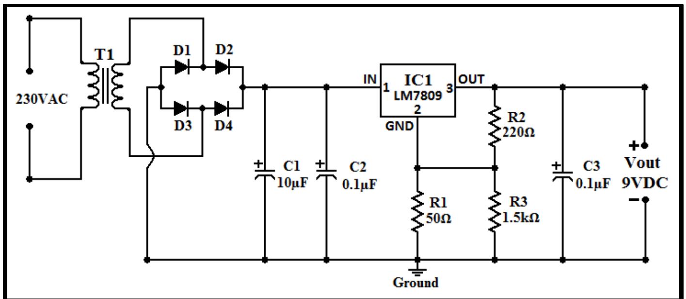 Schematic diagram of a regulated power supply circuit