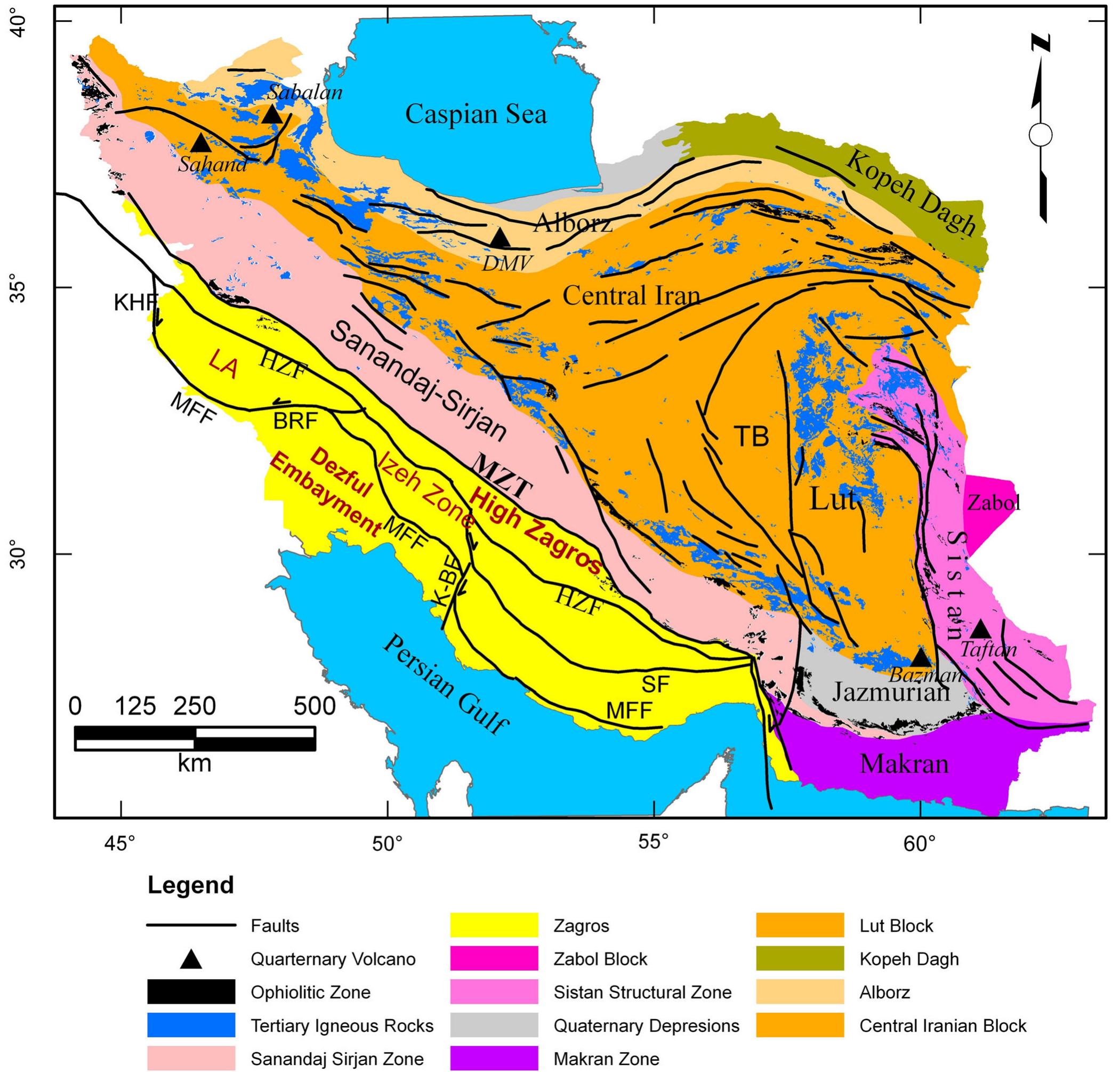 Figure 1. Simplified tectonic units of Iran (modified from the structural map of the National Geoscience Database of Iran, NGDIR; http://www.ngdir.ir). The solid lines show the active faults. MFF, HZF, KBF, BRF, KHF, MZT and SF stand for the Mountain Frontal Fault, High Zagros Fault, Kazerun-Borazjan Fault. Balarud Fault, Khaneghin Fault, Main Zagros Thrust fault (or the Zagros suture line) and the Simply Folded belt, respectively. The filled black triangles show quaternary volcanoes. DMV stands for the Damavand volcano. LA and TB stand for the Lorestan Arc in the Zagros and the Tabas Block in central Iran, respectively. 