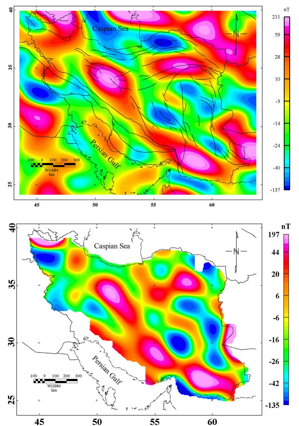 Figure 3. Comparison of long wavelength component (i.e. wavelengths larger than 300 km) of aeromagnetic map of Iran (bottom panel) with MF7 satellite magnetic anomalies of middle east (top panel). The satel- lite map resolves crustal magnetic anomalies up to harmonic degrees 133 or wavelengths larger than 300 km. The MF7 data were collected from https://zeomag.colorado.edu/magnetic-field-model-mf7. html. 