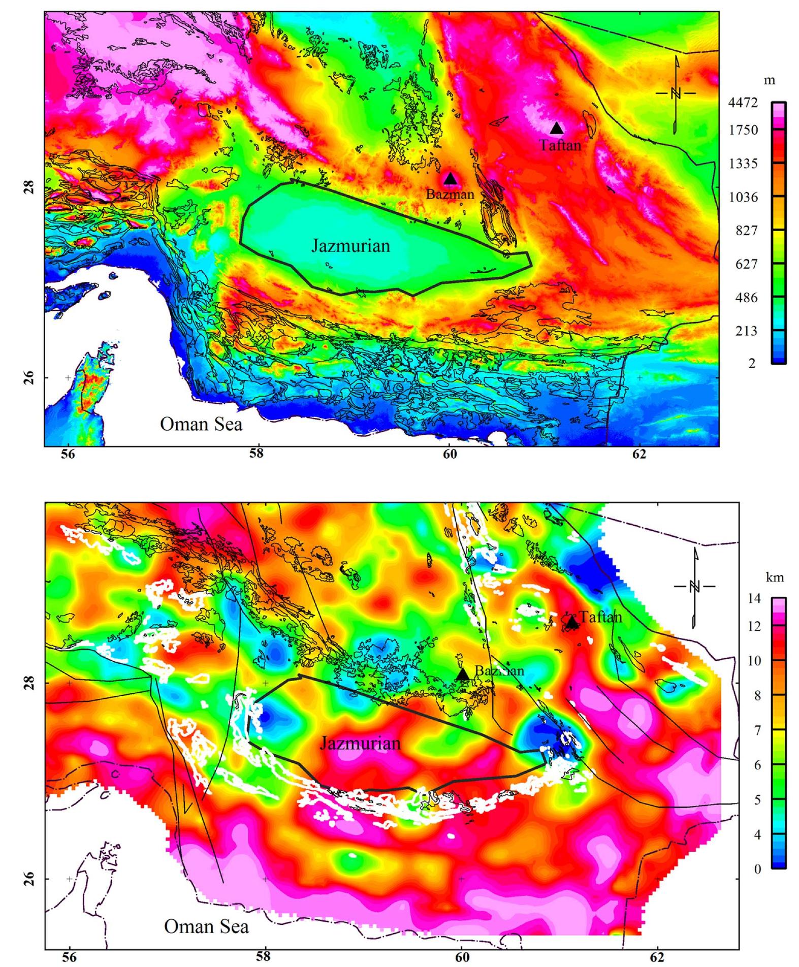 Figure 9. Top panel: the outcrops of Neogene and post Neogene sedimentary rocks are superimposed on the topographic map of southeast Iran. The locatior of the Bazman and Taftan volcanic domes are shown as black filled triangles. Bottom panel: the outcrops of Eocene and post-Eocene volcanic rocks (the thit black lines) and ophiolite units (white lines) are superimposed on the depth to the magnetic basement map. The borders of the Jazmurian Depression are show1 by a thick solid curve. 