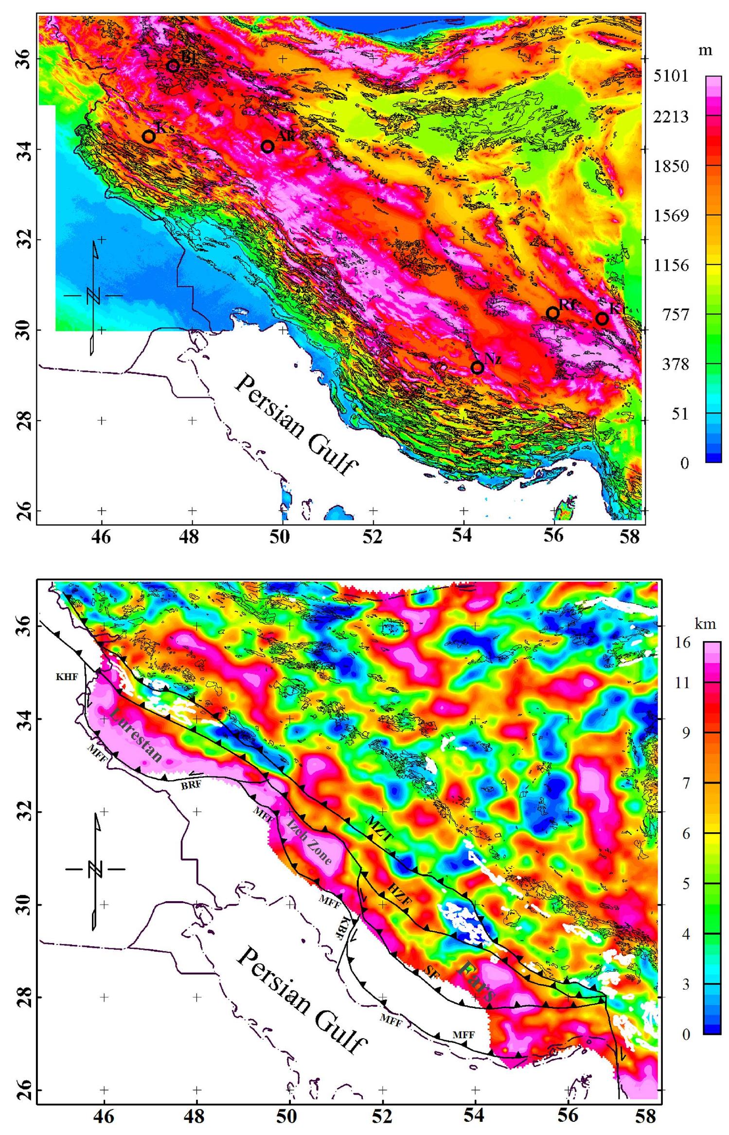Figure 10. Top panel: outcrops of sedimentary rocks younger than the Neogene (the thin solid lines) are superimposed on the map of topography. Abbreviation: are as follows: AK, Arak; BJ, Bijar; KR, Kerman; KS, Kermanshah; NZ, Neyriz; RF, Rafsanjan. Bottom panel: outcrops of the Eocene and post-Eocene volcani rocks (thin black lines) and outcrops of ophiolite rocks (thin white lines) are superimposed on the map of calculated depth to the magnetic basement. 