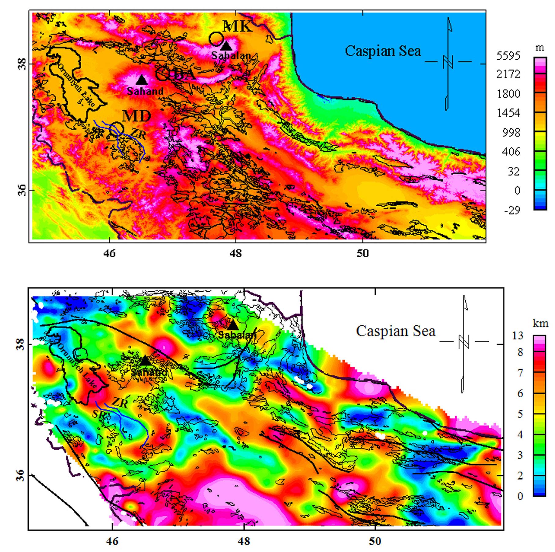 Figure 11. Top panel: the outcrops of Neogene and post-Neogene sedimentary rocks are superimposed on the topographic map of northwest Iran. The locatior of Sahand and Sabalan volcanic domes are shown as black filled triangles. The blue lines show the Zarrineh (ZR) and Simineh (SR) rivers south of Lak« Orumiyeh. The circles show the locations of the cities named in the text. The abbreviations are as follows: BA, Bostan Abad; MD, Miandoab; MK, Meshkit Shahr. Bottom panel: the outcrop of Eocene and post-Eocene volcanic rocks are superimposed on the map of depth to the magnetic basement. 