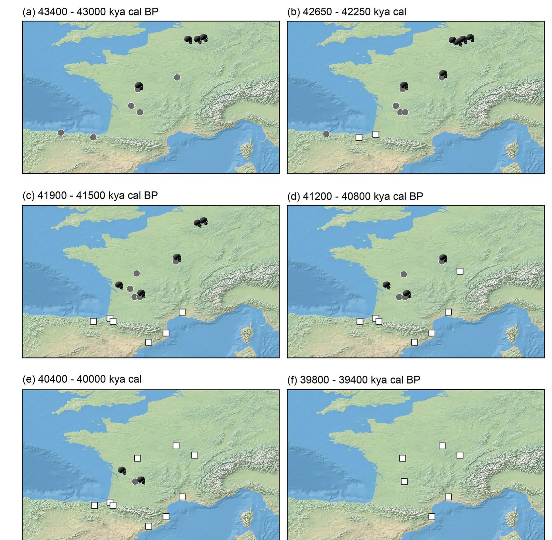 Figure 3. Geographic appearance of dated occurrences for the Chatelperronian (grey circles), Protoaurignacian (white squares), and directly-dated Neandertals (black skulls) in the study region between 43,400 (a) and 39,400 (f) years cal BP. Figure was produced using the ‘spatio-temporal modeller’ function in the QGIS software (v4.4) (QGIS Geographic Information System, QGIS Association, 2021) and compiled in Adobe Illustrator. 