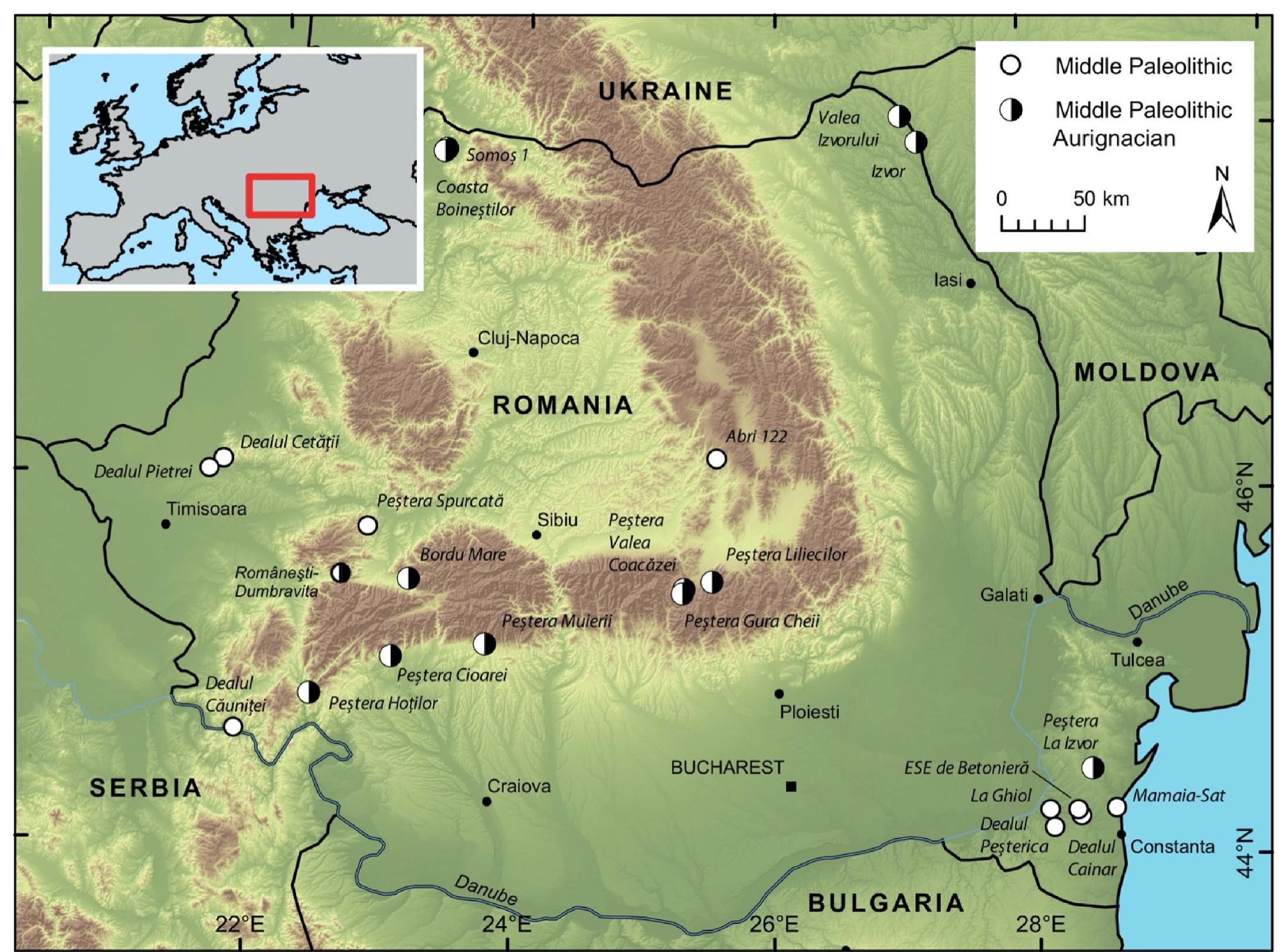 Fig. 1. Map of Romania and the key Late Middle Paleolithic/Early Upper Paleolithic sites. 