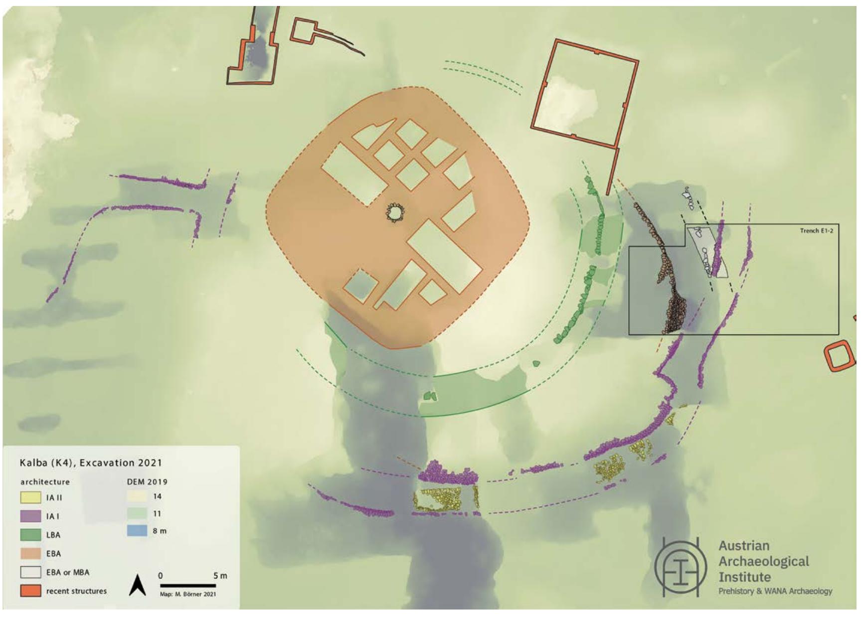 periods, structures are hidden too deep under the ground, which makes them  impossible to detect by geophysical survey methods.  ZZOT-6BLOT JO sUBledwed ay} BuLNP Yomp|eay Pemeus aU} JO s}jNseu Uleyy ‘eqley  Figure 2: Overview  of the architecture excavated at Kalba and the location of the trenches. (Map: OeAW- OeAI/M. Bérner)  Ee Me See ee Yee tevt ey ete oie f oivai our wey SLA E11 NO  The excavations at Kalba concentrated on the eastern part of the mounc nd were focused on the stratigraphic sequence from the top down to the dest, Early Bronze Age, occupation layers of the site, with a massive retain. ng wall forming the base of the Umm an-Nar tower construction (Figure 3) ‘or this purpose, the excavations were conducted in two trenches, E1 and E: see Figure 2), to investigate the Early Bronze Age retaining wall and possible elated domestic structures outside of the construction. During the excava: ion, it was revealed that the massive wall was part of a ditch, which now ha: | preserved depth of about 3.5 m. The filling has a thickness of up to 2.5 m anc lopes from the east to the west indicated by a clayish band in the profile, rep: esenting the ditch interface (Figure 4). Interestingly, in the eastern part o! he trench, an exterior retaining wall has not been detected, but the clayisk and in the profile stops at an impression of a stone. Due to the shape of the nterface, which runs from east to west in the profile, it can be assumed tha he eastern border of the ditch has been reached. The stones of the exterio1 etaining wall were most probably taken and reused during the levelling pro. ess of this area in contrast to the interior wall, which has been kept in usé¢ o ensure the stability of the inner area with the tower construction situatec ipon it. Therefore, the Umm an-Nar period ditch construction has a preservec  The excavations at Kalba concentrated on the eastern part of the mound 