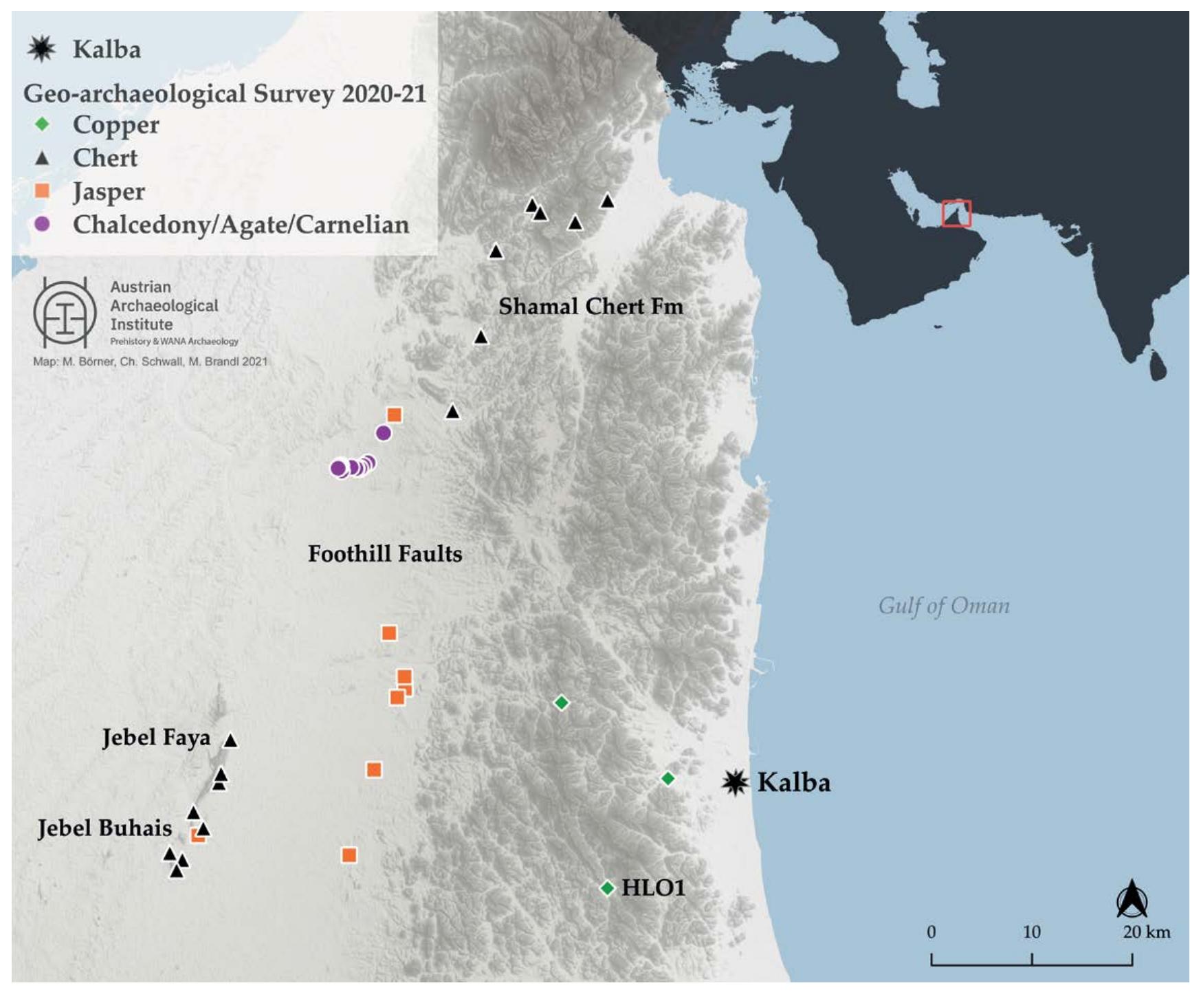 Figure 6: Map showing the sampled raw material sources during the geoarchaeological surveys 2020-2021. (Map: OeAW-OeAI/ Ch. Schwall, M. Borner). 