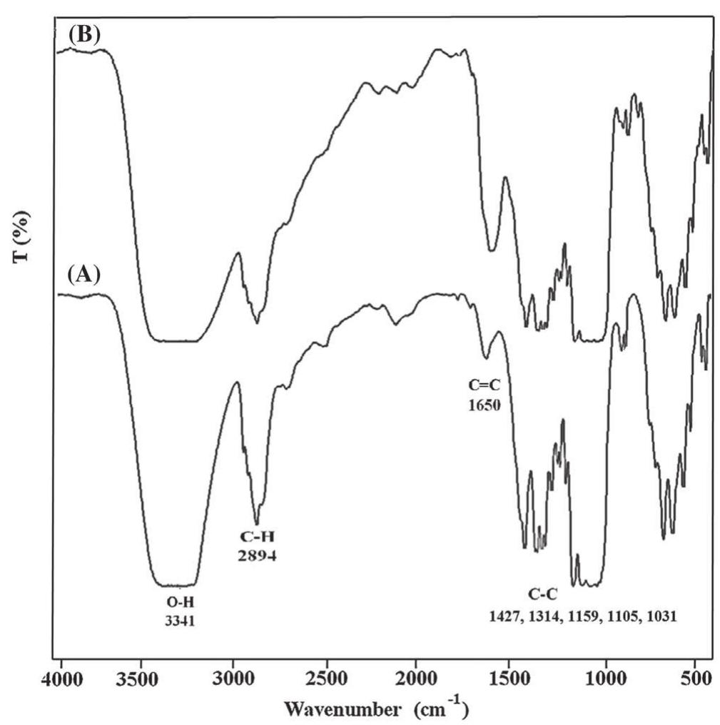 FIGURE 1_ FT-IR spectra of BC membrane (A) and pH sensor membrane (B) 