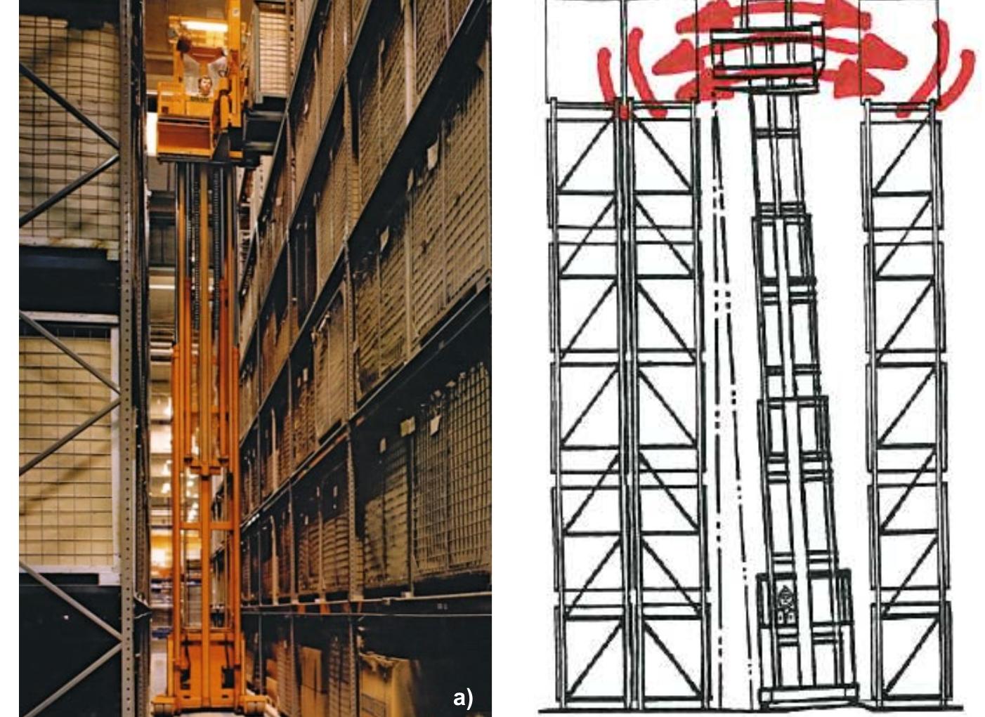 Man Up Racking Pallet rack operated by very narrow aisle truck: a) “man-up”