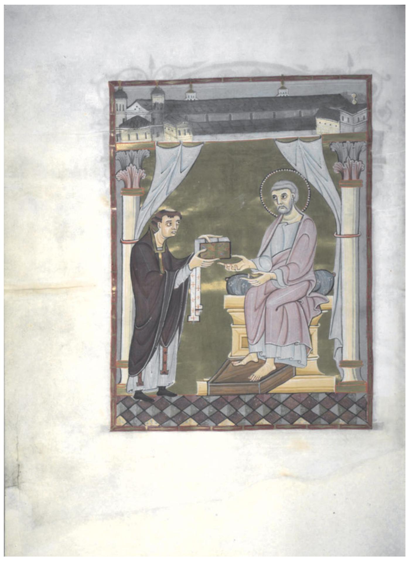 Fig. 1: The donor Hillinus presents his Gospels to St Peter as patron saint of Cologne Cathedral, Reichenau, between 1010 and 1020; Cod. 12, fol. 16”. © Erzbischdfliche Didzesan- und Dombiblio- thek K6ln. 
