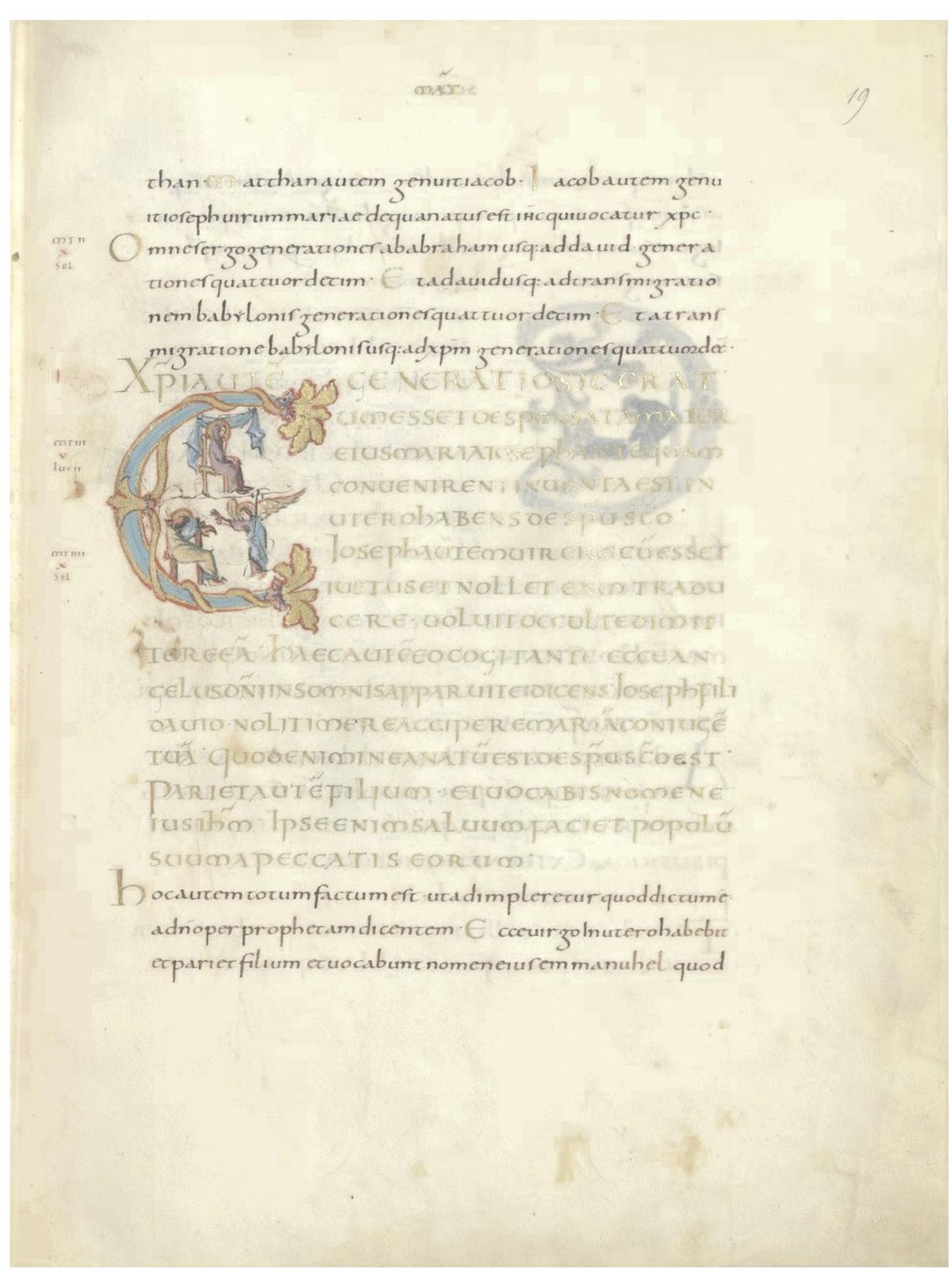 Fig. 2: Beginning of the pericope read at the Christmas Vigil, Metz, between 845 and 855. Paris, Bibliothéque nationale de France, Latin 9388, fol. 19". © Bibliothéque nationale de France. 