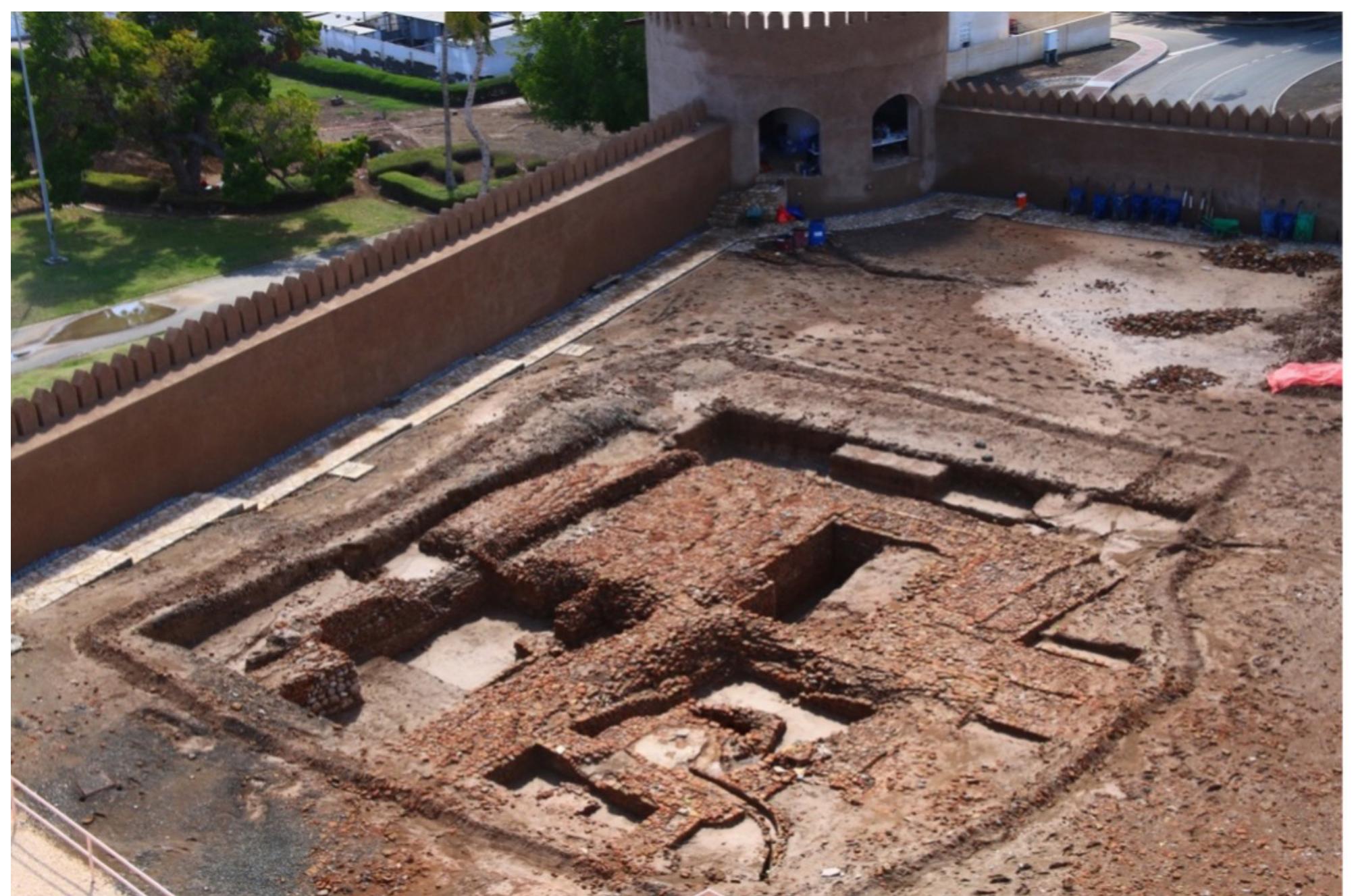 Figure 4. Part of a pre-existing phase of fort construction forming a SW corner tower. Photo Davit Naskidashvili  An intensive archaeobotanical assessment of the excavated contexts was aimed at adding to the limited bioarchaeological information available for the early  historic period in t  Intensive sampling hand picking and floatation co contexts both inside and outsid  the environmental shell will enhance of Sohar within its  he Arabian  remains, an he broader  Peninsula (Fig. 5).  was conducted that included sieving,  lection across stratified e of the fort. Analysis of imal and fish bones and understanding of the city  agricultura  hinterland and marine  environment including the possible importation of foreign species of plants and animals.  