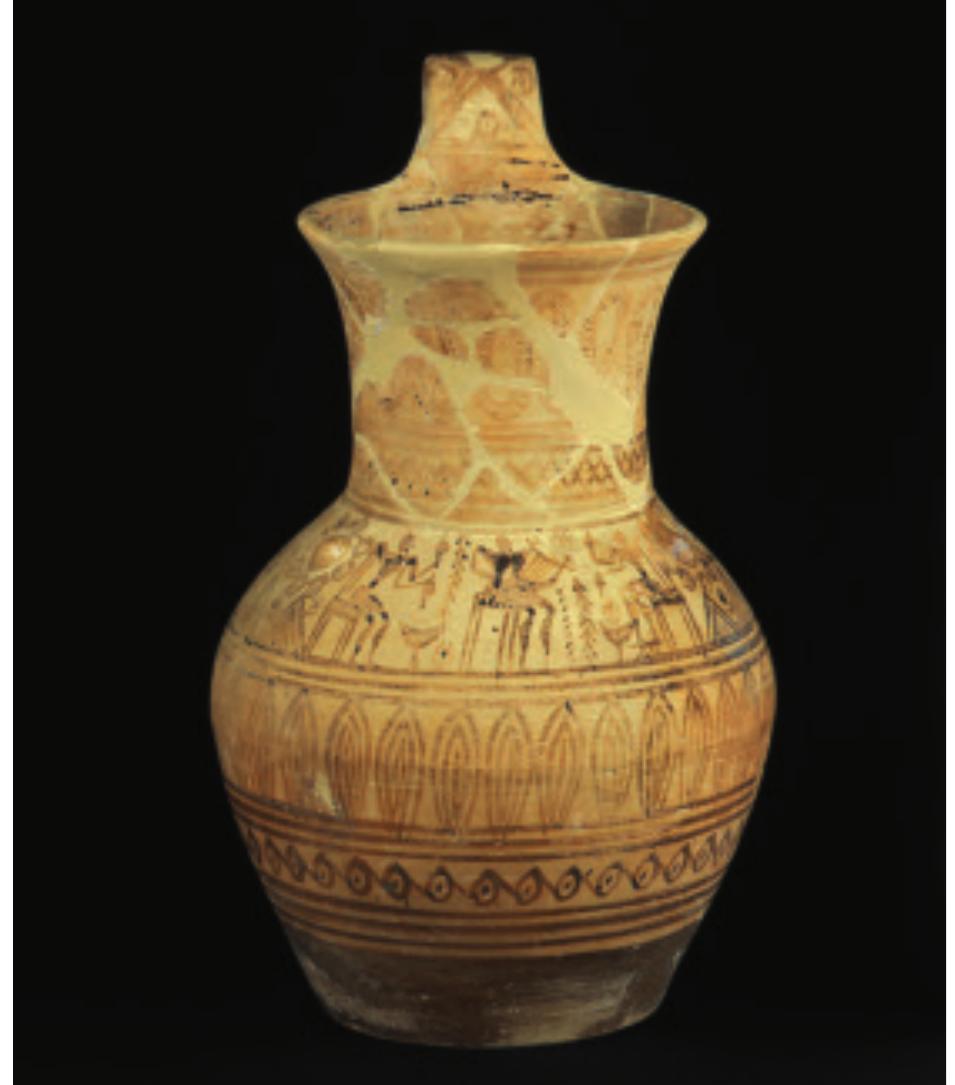 Fig. 4. Pither of the “Rattle Group” with a scene showing two men seated on benches along the inte- rior walls of a building. Late Geometric I. National Archaeological Museum, Athens, inv. no. 17497 (© Hellenic Ministry of Culture and Sports/Archaeo- logical Receipts Fund. Photographer: Stephanos Stournaras). 