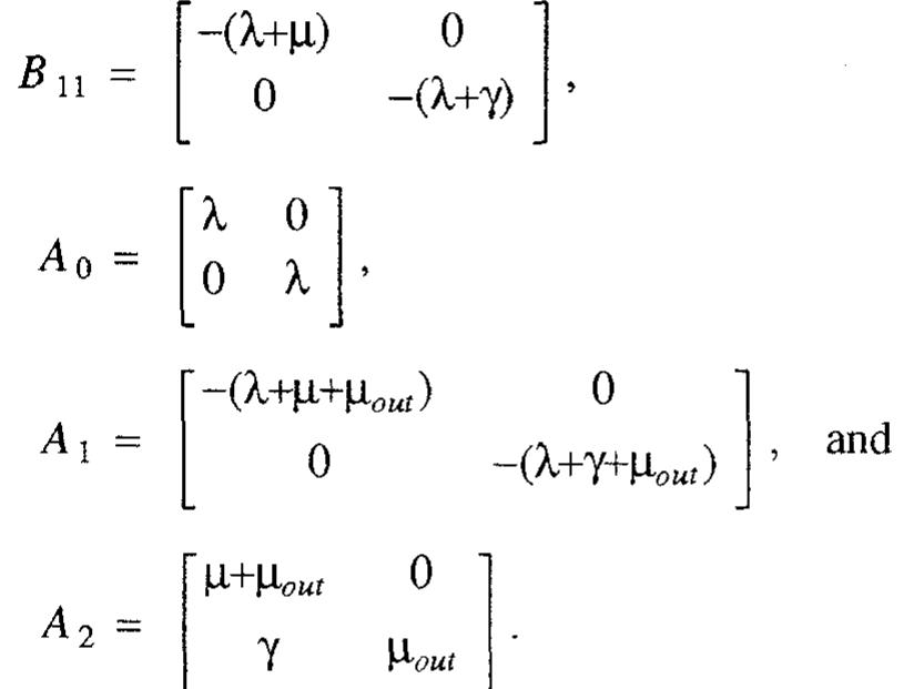 where B o9, Bo, and B yo are finite matrices of dimensions OT x 2T, 2T x2 and 2x 27, respectively, whose elements depend upon the value of T. The remaining matrices have dimension 2 x 2 and are given by:  Given this form for the generator matrix of the Markov process, the components of the steady state probability vector y can be obtained exactly via matrix-geometric techniques[20]. In particular, the geometric portion of the probability vector, representing when the processor is above threshold, can be solved as 
