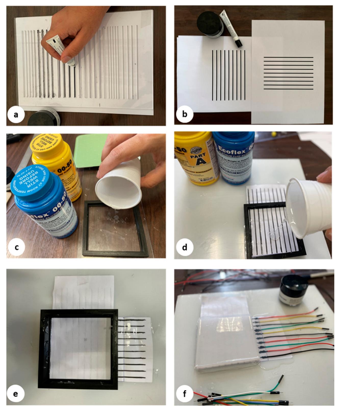 The conventional molding technique was used to fabricate different layers of the proposec sensor. A 3D printer was used to make the layer frames with different thicknesses to finc the optimal thickness of the layers related to the sensor’s sensitivity. Ecoflex consists 0 wo parts that should be mixed well with the same ratio, according to the manufacturer’: nstructions. After mixing the two silicone parts and before pouring them into the mold vacuum degassing was applied for around three minutes to remove air bubbles. Ecofle ayers were cured after three hours at room temperature. The curing time can be less thar an hour by utilizing an oven to heat the mixing liquid up to a temperature of around 70‘ Table 2 compares the materials cost of the proposed sensor with the most used materials tc fabricate tactile /capacitance sensors. As shown in this table, the total price of our proposec sensor is noticeably lower than the other methods.  ee   Figure 4. (a-f): Manufacturing procedure of the proposed sensor. 