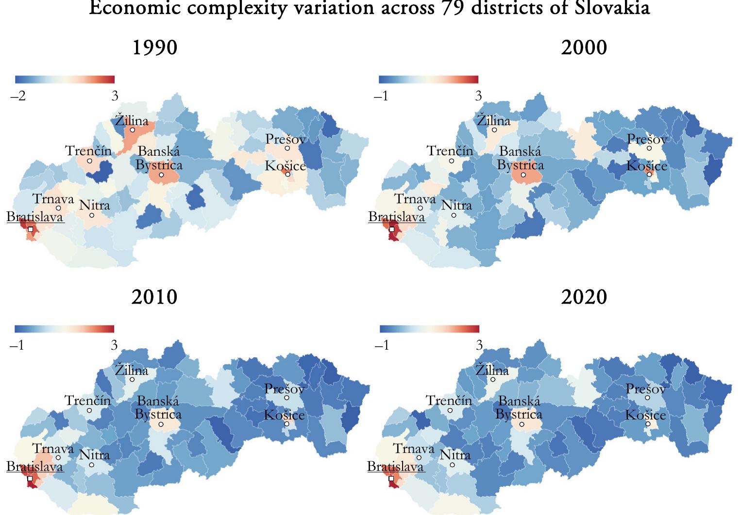 Note: The variation is depicted using a continuous linear scale color gradient from blue (representing lower ECI values) to red (representing higher ECI values). Map data: ZBGIS (2023).  Appendix 