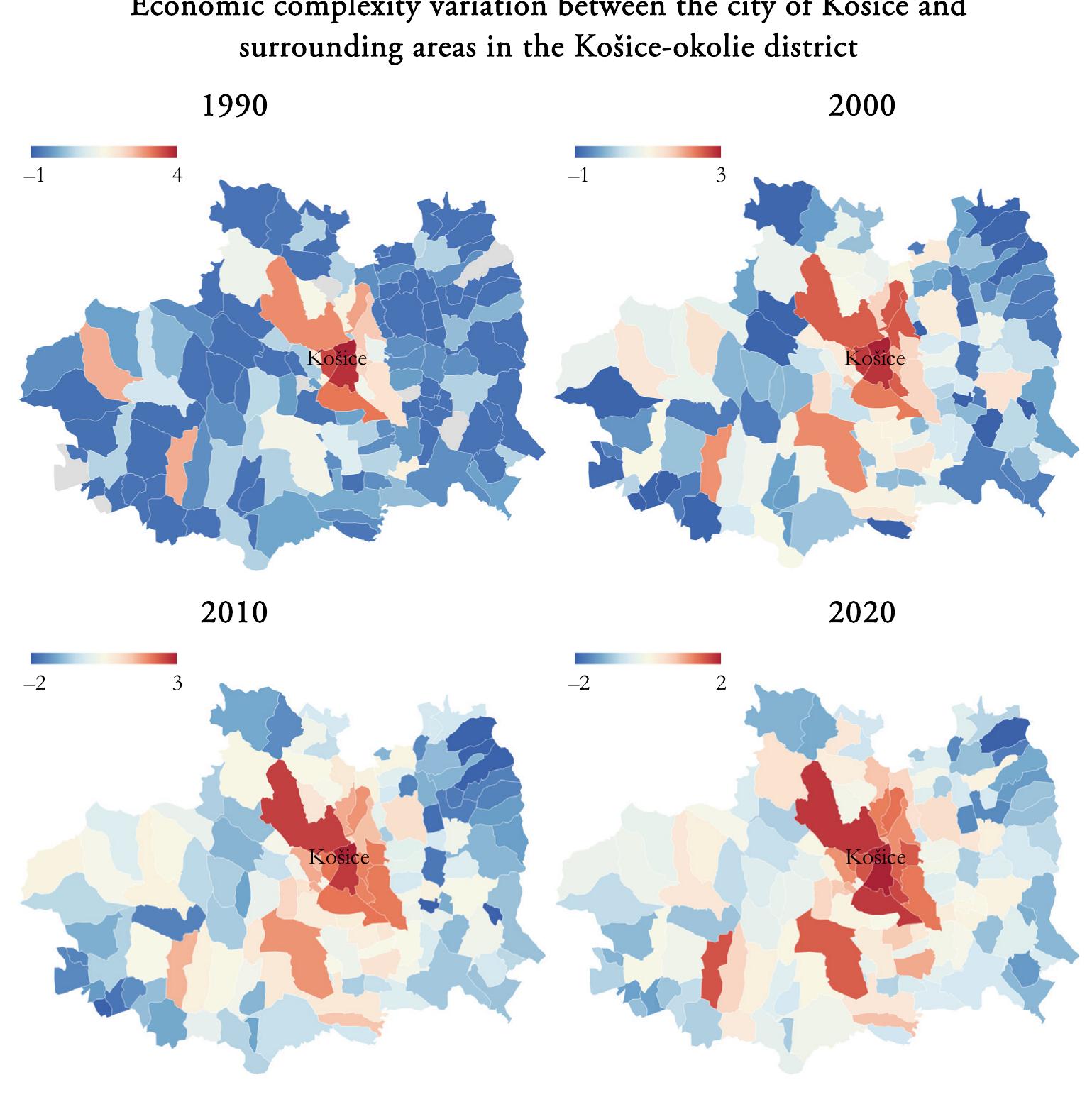 Note: The variation is depicted using a continuous linear scale color gradient from blue (representing lower ECI values) to red (representing higher ECI values). Map data: ZBGIS (2023).  The re-emergence of leftbehind regions: The end of spatial equity and the rise of dynamic movements in Slovakia, 1990-2020 