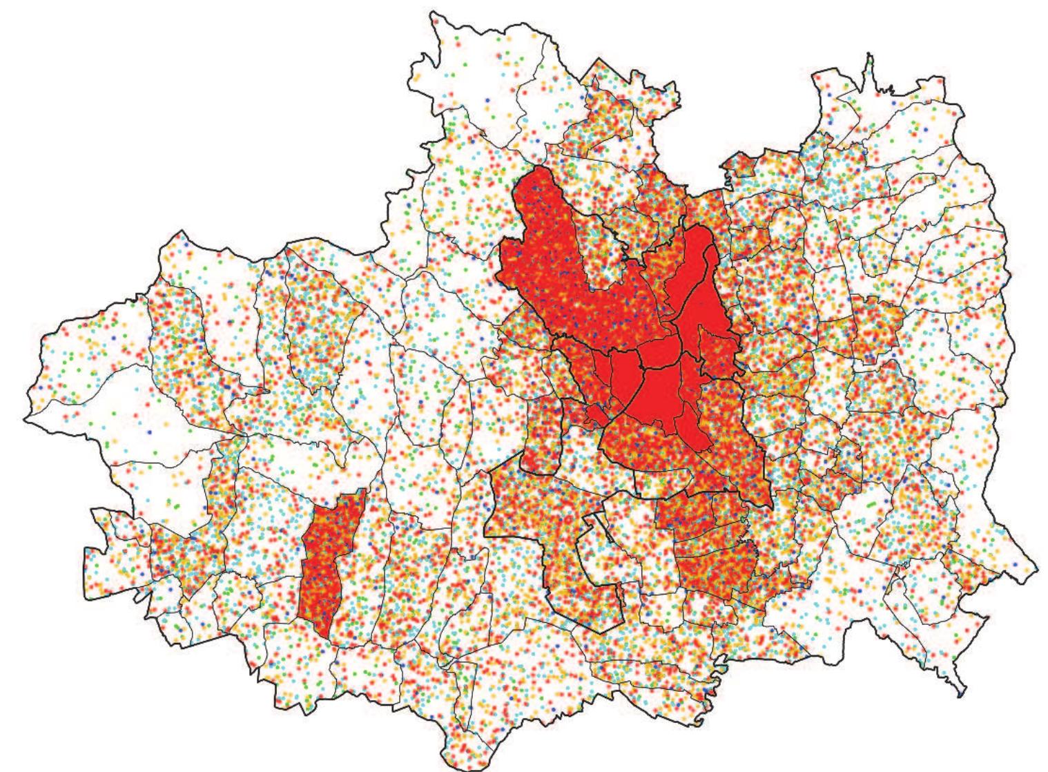 1 dot = 1 enterprise registered in communities and city neighborhoods in five categories combining multiple NACE sections in the following way:  Urban and sectoral gradient of enterprises in KoSice in January 2022  The re-emergence of leftbehind regions: The end of spatial equity and the rise of dynamic movements in Slovakia, 1990-2020  Nore: Dots overlay in central city neighborhoods, and only higher categories appear on the map’s “surface”. Enterprise identification comes from the Register of Financial Statements, Ministry of Finance of the SR (2022). 