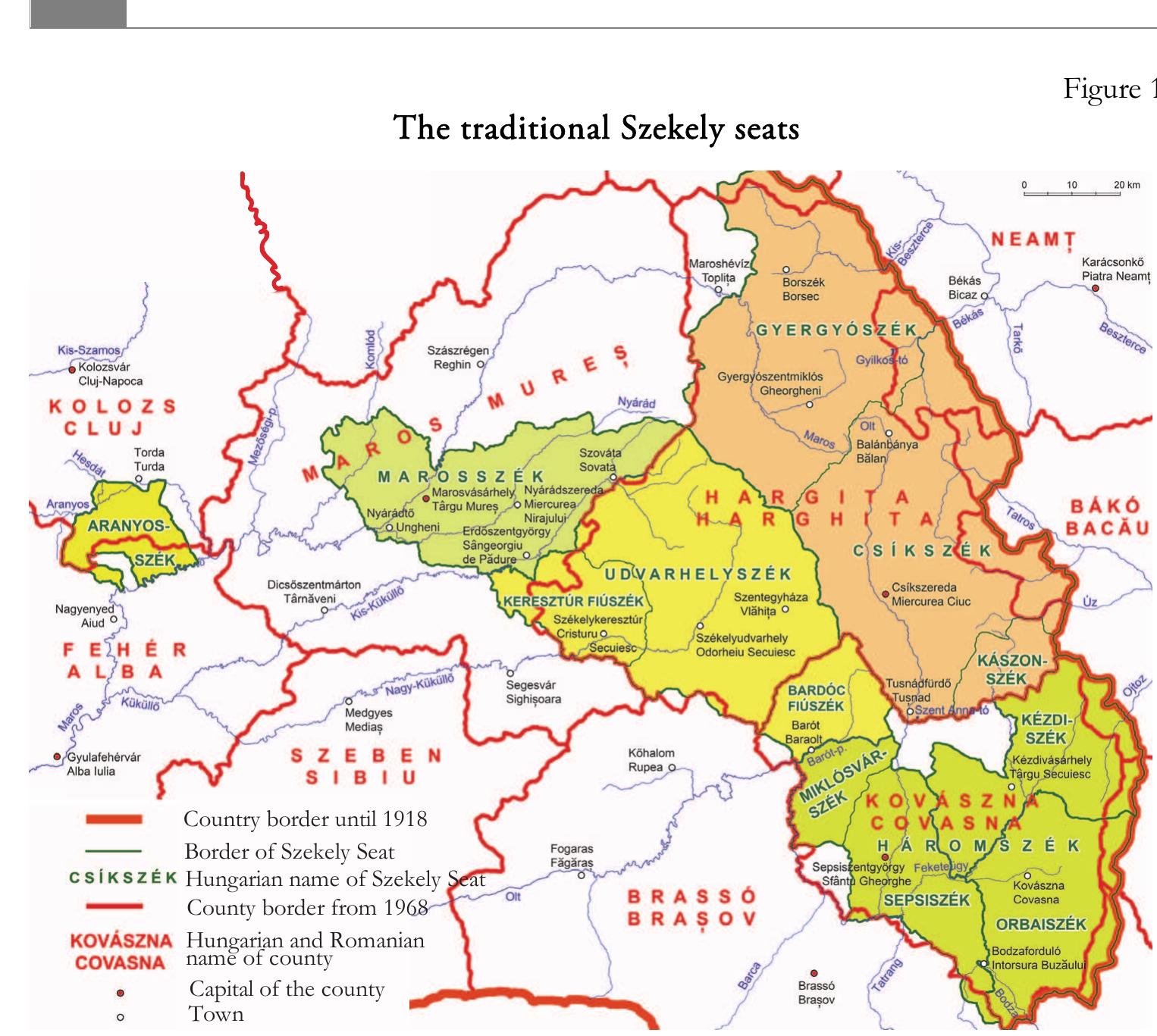 Tibor Elekes- Péter Gyenizse  The Szekely seats mostly formed based on natural conditions. The administrative- military division of space established in the Eastern Carpathians was organized around the intermountain basins (Gyergyoi-/Giurgeului, Csiki-/Ciucului, Kaszoni- /Casin, Bardti-/Baraolt, Felsé6-Haromszéki-/Targu-Secuiesc, Als6-Héromszéki/ Sfantu Gheorghe). Their boundaries were aligned with mountain ridges (Hargita/ Harghita, Besztercei-/Bistritei, Tark6-/Tarcau, Csiki-/Ciucului, Nemere-/Nemita, Haéromszéki-/Vrancei, Bodzai-/Buzaului, Bodoki-/Bodoc, Bardéti Mountains/ Baraolt), straits and passes (Tusnadi Strait/Pasul Tusnad, Marosf6i Pass/Pasul Izvoru Muresului), and watercourses (Feketetigy/Raul Negru, Barot stream/Paraul Baraolt). The natural geographic demarcation is smaller for the seats created in the Transylvanian basin. The border between the Udvarhely and Maros Seats runs partly along a watershed. The area of the Aranyos Seat is mostly bordered by the valleys of the Maros and Aranyos rivers (Elekes—Gyenizse 2014, Elekes 2016). Each Szekely territorial unit functioned as a legislative authority, and their extent changed little for six centuries. Over the centuries, smaller territorial units, subregions such as Bardoc  and Keresztur, tried to separate from the Udvarhely Seat, as well as Miklosvar from the Sepsi Seat (K6peczi 1986, Pal-Antal 2013, Bereznay 2021).  