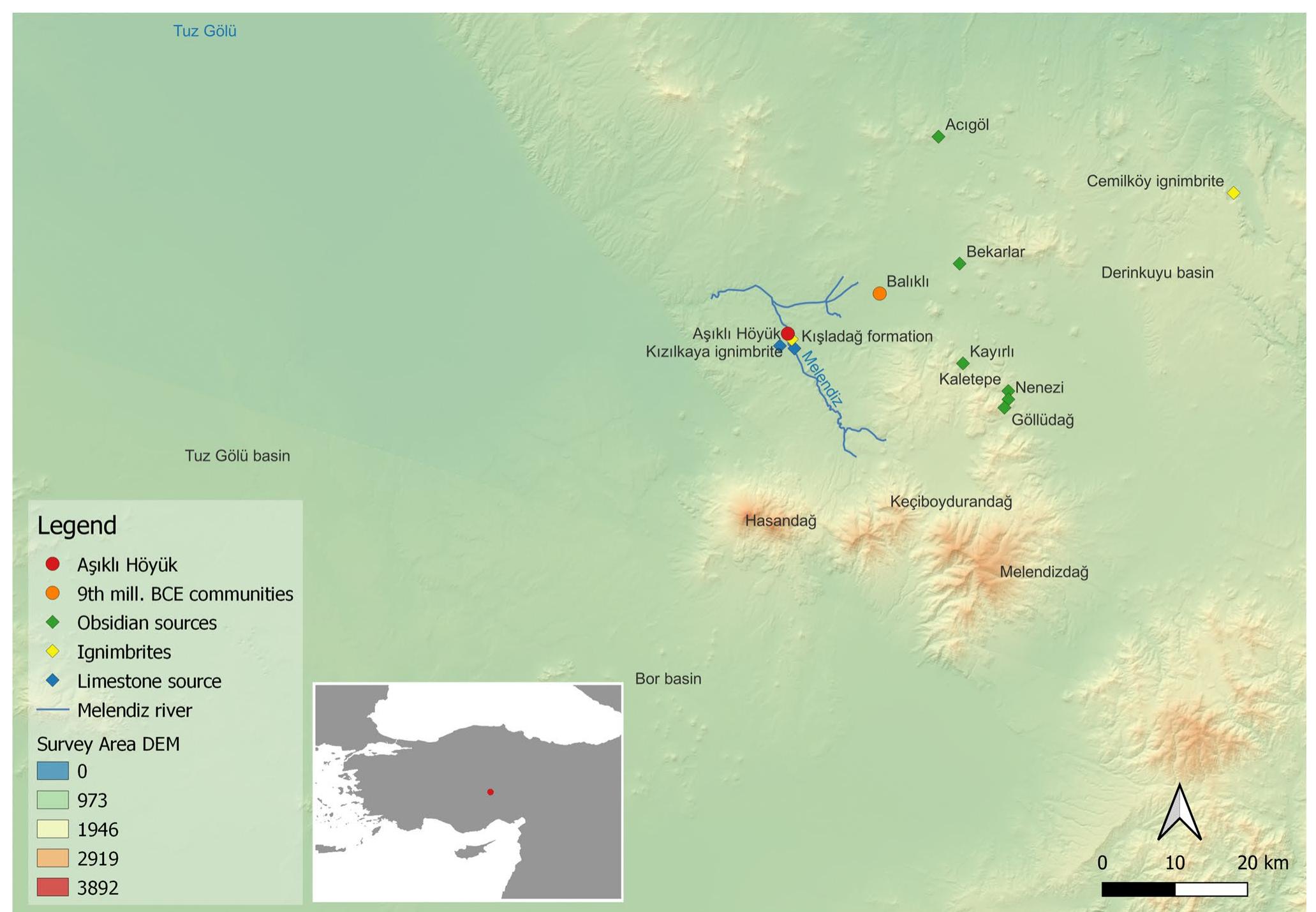 Fig. 2 Topographic map of the study area, volcanic Cappadocia region, including the location of the archaeological sites dated to the mid-9th mill. BCE (Asikli Héyiik and Balikli) and obsidian, limestone, and ignimbrite sources (prepared by M. Tatbul in QGIS) 