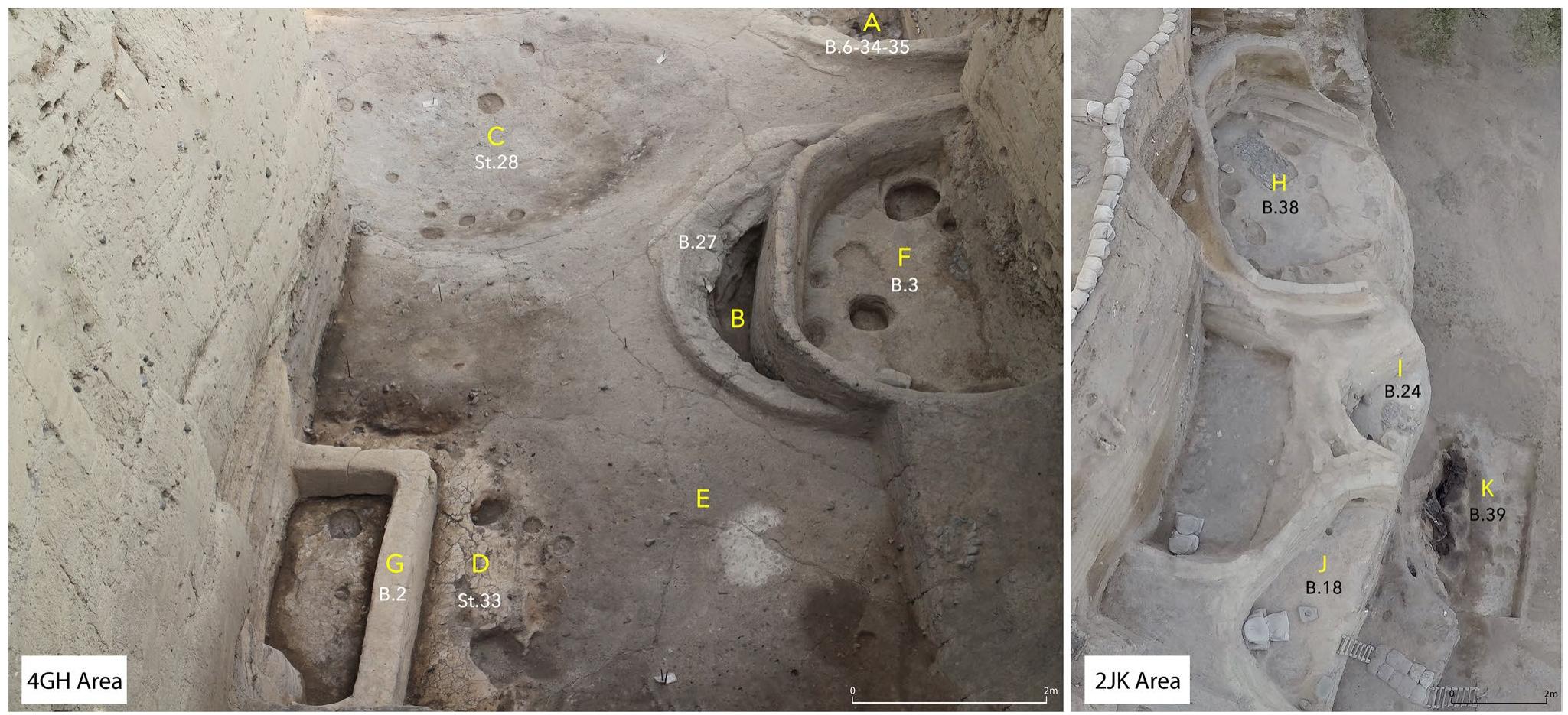 structure used as animal pen; (E) open/activity area; (F) the subter- ranean, oval kerpi¢ building; (G) quadrangular planned with rounded corners kerpi¢ structure; (H) the semi-subterranean, oval kerpic building which was used collectively for food-based activities; (IJ) the semi-subterranean, oval kerpi¢ buildings; and (K) the subterra- nean, oval wattle and daub structure (photo by G. Duru)  Fig.4 Settlement pattern of the 4GH area (on the left) and the 2JK area (on the right), dated to the second half of the 9th mill. BCE (the earliest phase of settlement). Architectural features are labeled in the images (A—K) with (A) the earliest subterranean, oval kerpi¢ build- ing; (B) one of the earliest semi-subterranean, oval wattle and daub structures; (C) the aboveground, oval wattle and daub structure; (D) 