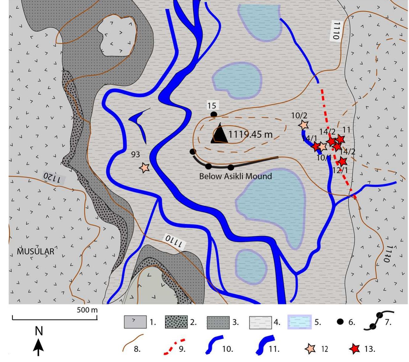 11,000 cal BP (i.e., 9.6 to 9.0 ka cal BCE), this unit signifies the dry- ing of the earliest river deposit, later topped by the soil wherein the earliest houses of Asikli are dug. (5) Extent of the above-described Early Holocene terrace (2 to 3 m thick) corresponding mainly to lake and clay deposited in backswamps. (6) The study section cut into the Early Holocene clayey deposits below the lowest occupation level of the Asikl mound. (7) The long section cut by the Late Holocene Melendiz River (and cleaned by the archaeologists), in the upper part of the Early Holocene clay deposits filling the Melendiz plain below the Asikli mound. The base of this ca. 1-m-thick section exhibits the Late Glacial gray clay deposit (at least c. 2-m thickness). (8) Present- day topographic level curves (every 10 m). (9) A palaeo-channel of the Melendiz River, incising part of the Asikli Héyiik L4 level to the north (i.e., older than c. 9930 ka cal BP, or8000 cal BCE). (10) Water channels draining the wetland areas in the Earliest Holocene valley floor. (11) Main Melendiz River bed in the wetland area during the Late Glacial. (12) Cores having reached the ignimbrite topography below the LGM deposits. (13) Cores having crossed archaeologi- cal levels pertaining to L4 and L3 occupation of the Asikli mound (adapted from Kuzucuo§lu et al. 2020)  Fig.6 Late Glacial deposits below the Asikli mound, just before the first occupation (L5). The map illustrates the aspects of the land- scape in the Melendiz valley at the end of the Late Glacial, as well as the present-day topography and core and profile locations used in the reconstruction. The distribution of clay-rich deposits in the val- ley floor (a partly tectonic trough) signals the availability and easy access of the Asikl population to sediment for the production of earthen materials. Later (c. 8500-8000 BCE), drier conditions in the river basin and valley lead to the partial erosion of the LGM clay and backswamp deposits. (1) Bedrock composed of Kizilkaya and Cemilk6y ignimbrites (Miocene). (2) LGM, uppermost terrace =the last glacial quaternary fluvial deposit preserved in the Melendiz River, topping out today at+ 10 m above today’s river bed floor (‘“Trel- ative height”). (3) Late Glacial terrace topping out at+7 m above today’s river bed. (4) Deposits dating to the beginning of the Holo- cene. The corresponding deposit is composed of at least 2 m of gray clay accumulated in freshwater marshes and backswamps. This ter- race today tops out at+4 m above the river’s active bed. This unit is 4C dated from 12,400 (bottom) to 12,000 cal BP (top), i.e., 10,400 to 10,000 BCE. Covered by beige silts with sands and gravels (i.e., colluvial and alluvial mixed deposit), with.'4C dates of 11,600 to 