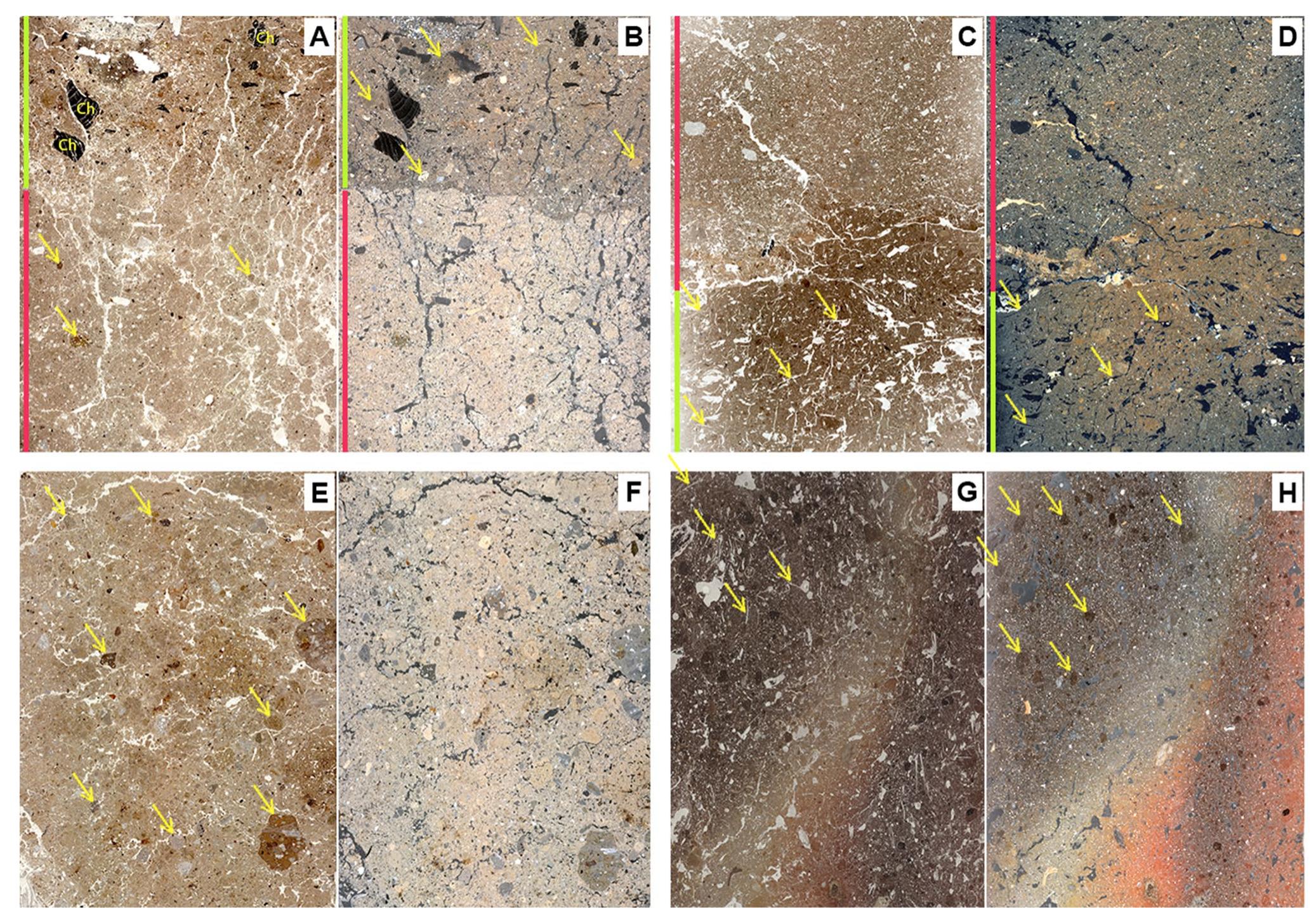 per in the mortar sample (arrows), PPL; D same view as C, XPL. E, F A building, quadrangular in plan with rounded corners, has a granular grading to channel microstructure. Fine carbonates were identified quite frequently. There are also a great number of aggre- gates (arrows), PPL; F same view as E, XPL; G, H wattle and daub structures that collapsed by the reason of fire. The heat alteration to the sediment is visible in thecolor transition. Vesicular, channel microstructure. G The number of vegetal voids is high (arrows). The void morphology suggests that some plant materials were added to  mud intentionally, PPL; H aggregates are high in abundance (arrows), XPL  Fig.9 Comparison of thin sections of building materials belonging to different wall construction techniques (green: mortar, magenta: ker- pi¢): A, B differences between kerpig¢ and mortars to construct the semi-subterranean, oval building. Aggregates in the mortars (green bar) are quite dense in their concentration and much more diverse than those in kerpi¢ in terms of size and type (arrows). Mortars include many types of anthropogenic materials such as charcoal frag- ments (Ch). Kerpi¢ has a subangular blocky microstructure, PPL; B same view as A, XPL; C, D only one building among oval planned buildings, which is unique in the recipe. Channel microstructure. Coarse fraction geogenic materials are rare in the kerpig sample (magenta bar); the vegetal voids probably represent pure plant tem- 