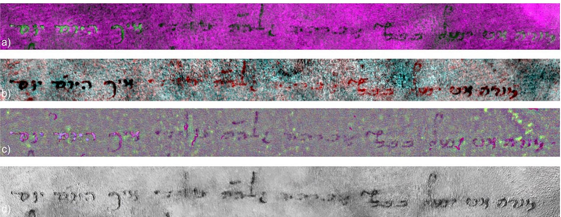Fig. 2. Erased and visible text in line 1 on folio 106v*. A comparison of the (a) ultraviolet with the (b) pseudocolor, (c) PCA1, PCA2+ICA pseudo and (d) PCA5 image which gave the best results in the text recovery. Hoku was used for post-processing images a and b, ENVI for image c, and Adobe Photoshop for image d. © The National Museum of Bosnia and Herzegovina. 