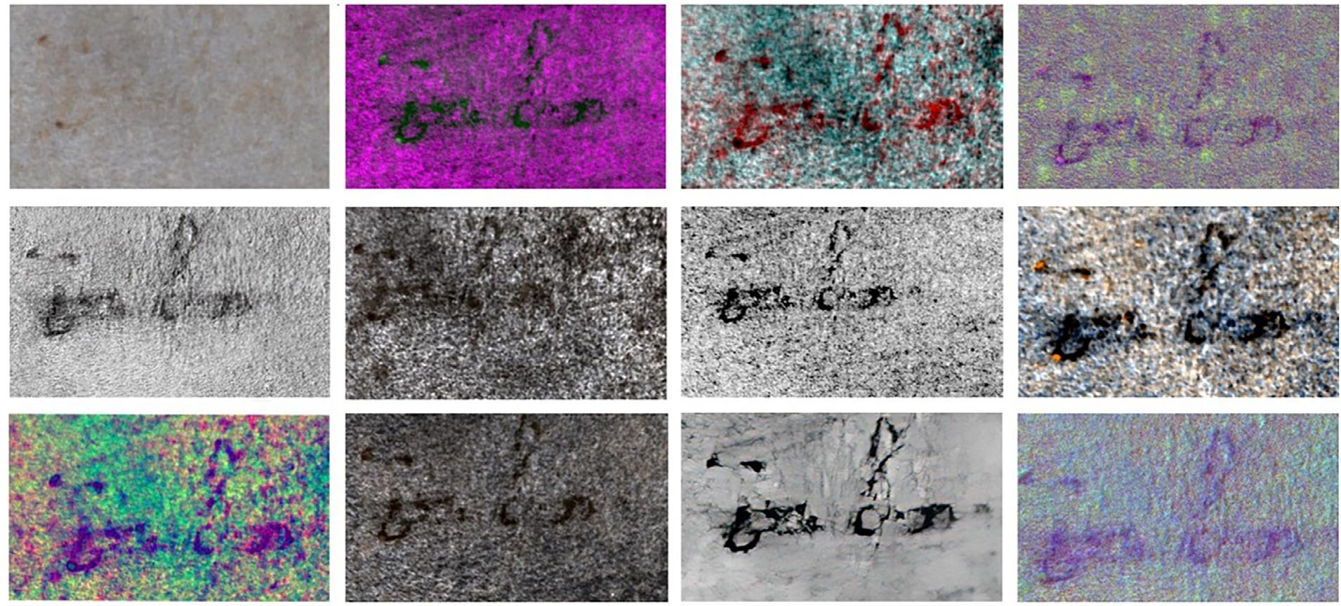 Fig. 3. A comparison between visible light and different deterministic and statistical algorithms applied to multispectral images used to decipher first two words in line 4. From top to bottom: 1) visible light, 2) ultraviolet light (Hoku), 3) pseudocolor (Hoku), 4) PCA1+PCA2+ICApseudo (ENVI), 5) CAL R+MNF2+MNF3+PCA5+BW DenoiseAl Raw Filter (Adobe Photoshop), 6) pseudocolor coloradjust (Adobe Photoshop), 7) MNF+rgb2+BW Raw Filter (Adobe Photoshop), 8) PCA+lin var (Hoku), 9) pseudocolor MNF+PCA  (ENVI), 10) MNF+rgb+coloradjust (Adobe Photoshop), 11) MNF+rgb2+BW-+RawFilter+DeNoise AI severe noise (Topaz Labs), and 12) CAL R+MNF2+MNF3+PCA5 (ENVI). © The National Museum of Bosnia and Herzegovina. 