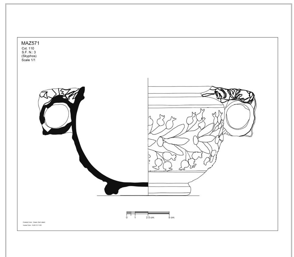 Fig. 27- The mouled lead-glazed pottery skyphos of Mazraa 571  (drawing: Abdallah Ala’Eddine, CAD: Mohamad Rabah EI Khatib and Nada Elias). 
