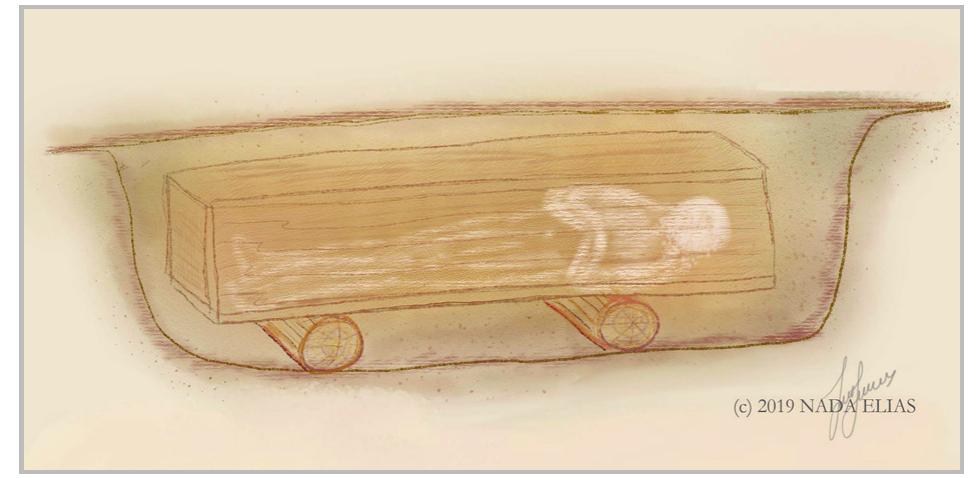 Fig. 20- Reconstruction of a raised wooden coffin at MDWR168 funerary site (Nada Elias Illustration).  displacement of skeletal remains. Ten individuals 