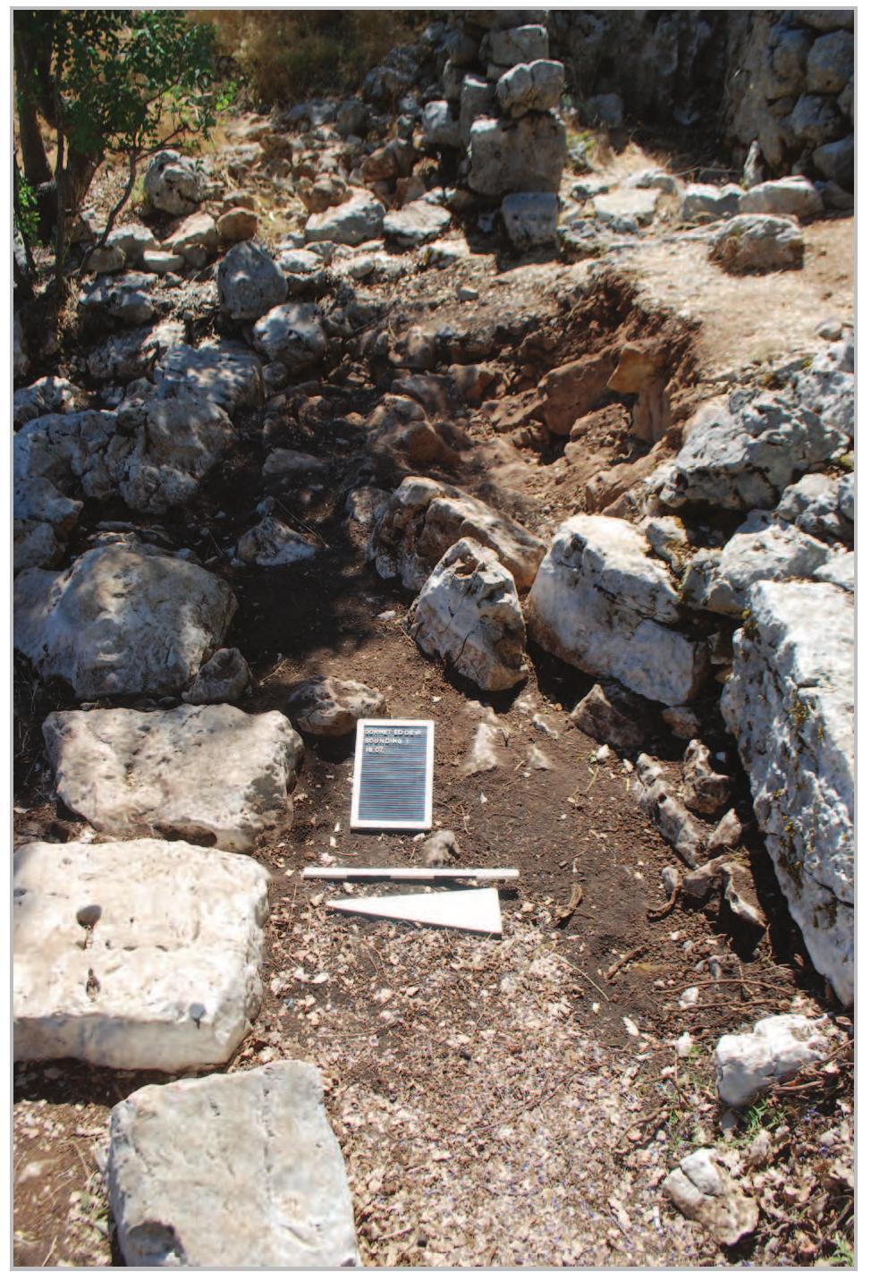 Fig. 4- Area 1 from the west.  was discovered which consisted of a clay soil, slightly reddish in colour, which was very hard to excavate due to its density. Also this context contained stones, but mainly smaller in size. This was also the only context that produced some pottery sherds, unfortunately mainly body sherds of ribbed vessels which belong to a very long-lived pottery tradition covering the first millennium AD, not allowing us to clearly assign it to the Roman or Byzantine period’. But it would seem that the site started out as early as the 3" c. AD, judging from the single rim of a type of Beirut Amphora found in the lowest level (FN 7, context 1005). The pottery is still under analysis, and further results will be forthcoming.  