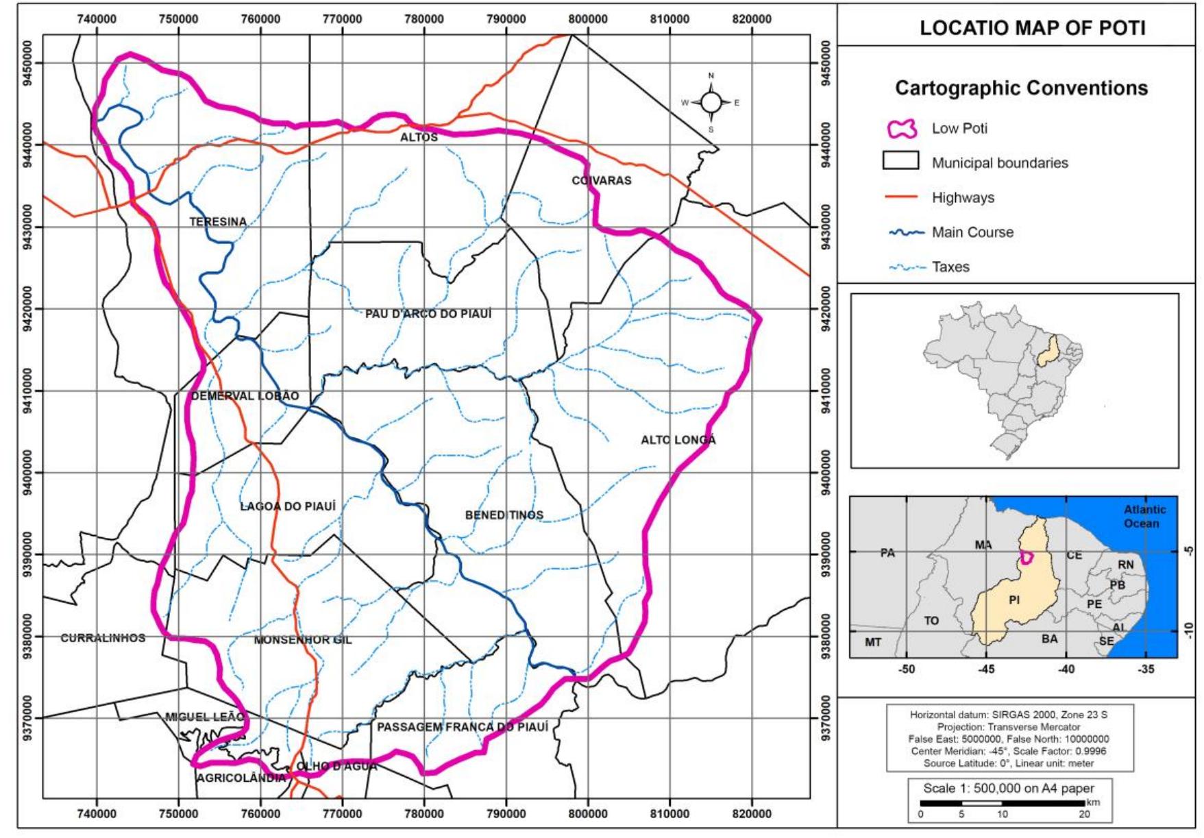 Figure 1: Location and drainage of the lower course of the hydrographic basin of the Poti River, Piauf (Brazil)  https: [Iperiodicos. ufpa. br/index. php/geoamazonia/inde alTQQny- 9252_1772  