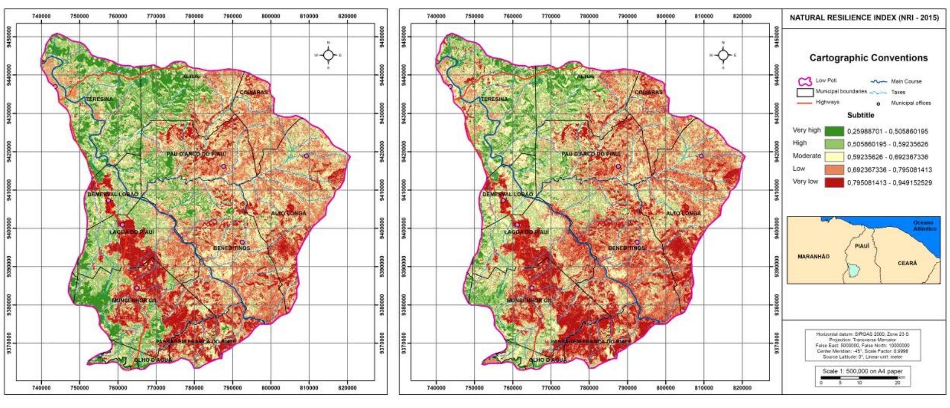 Figure 3: NRI of the lower course of the Poti River (State of Piaui, Brazil) in 1985 and 2015. 