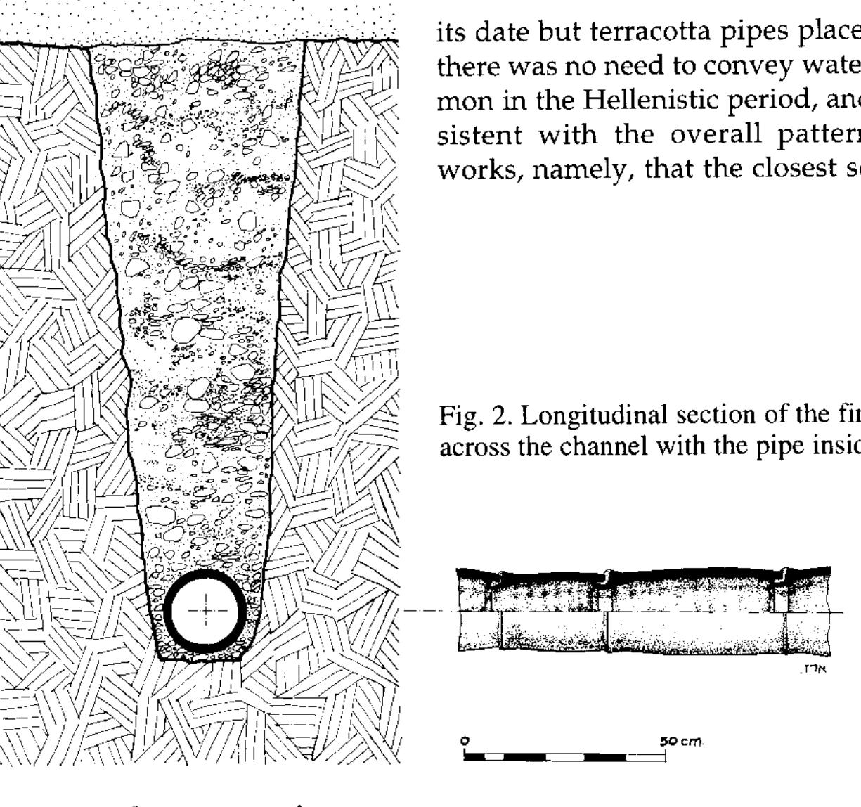 A second terracotta pipe was found in the course of agricultural digging near the first, on the eastern edge of the saddle east of the city (ref 16920 18715). The exposed section is 2 m long. It had been laid inside a channel dug to a depth of about 1 m and then covered over. Other sections of this pipe seem also to have been set deep in the ground, which is why they have not been found. The pipe runs from east to west directly towards the city, at an elevation 69 cm higher than that of the first pipe. The terracotta segments differ from the first, with inner diameter of 8-11 cm, length 22 cm, and walls 2.5 cm thick on average, but the segments are joined in the same manner. To judge by its location and direction, this may be part of a siphon to convey water under pressure across the saddle. If so, other parts of this system may have taken a different form, perhaps an open aqueduct (the elevation of all the aqueducts is higher than the elevation of this pipe) or pipes with different dimensions, though the diameter of this pipe is small in comparison with those of the other aqueducts (see below). Certainly the difference in presumed elevation between the two ends of this line on either side of the saddle is enough to create a suitable gradient to supply water under pressure. A second part of the same line may have been located in 1924 by Braslavi at the foot of Sheikh Sha‘ala near Naqura.  This line may have started from ‘Ein Harun, which is higher than ‘Ein Mafsala. 