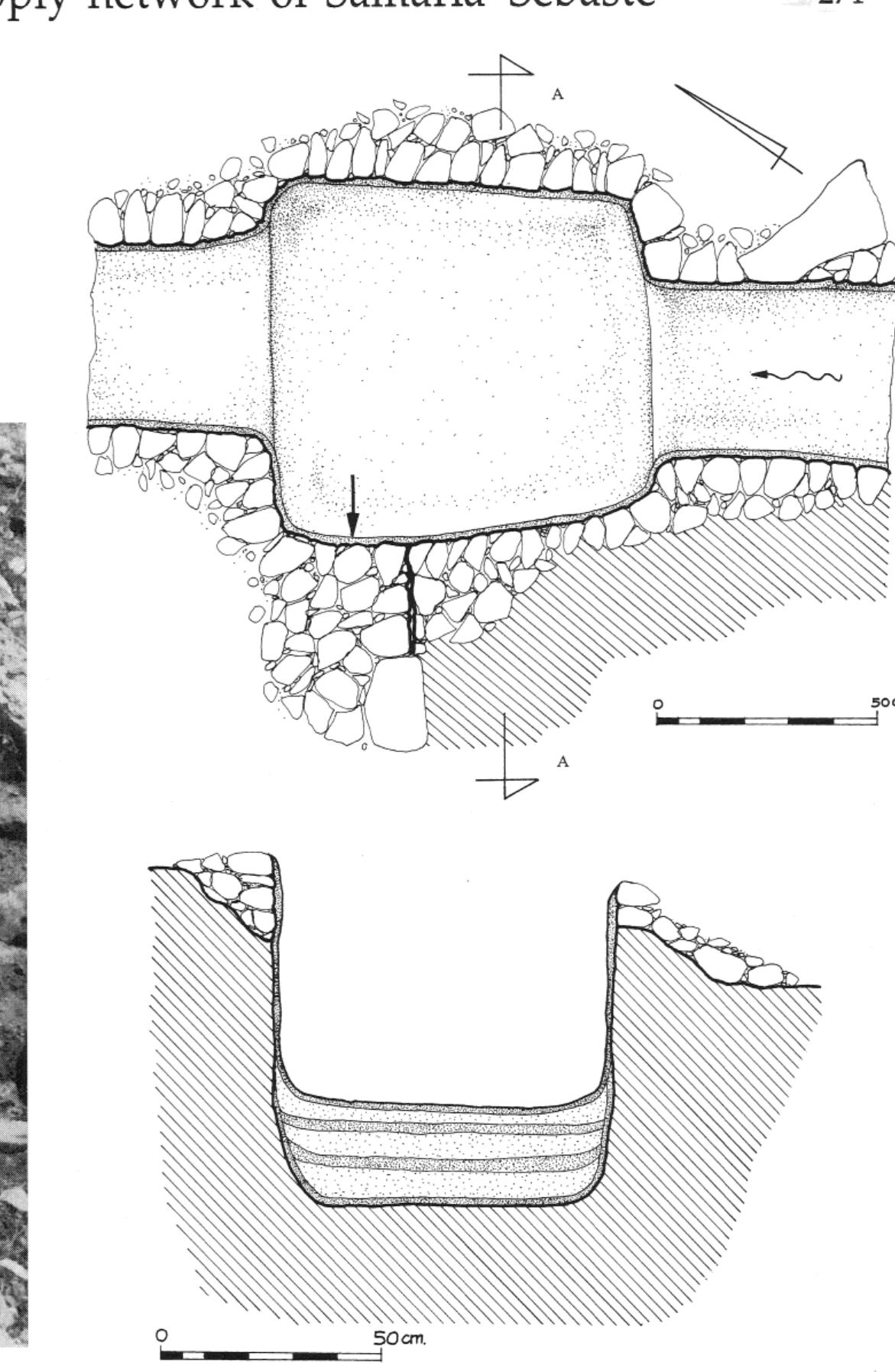 Fig. 4. The Shechem—Samaria aqueduct, settling pool, plan and section (author).  Fig. 3. The Shechem—Samaria aqueduct, a rock-cut settling pool (author). 