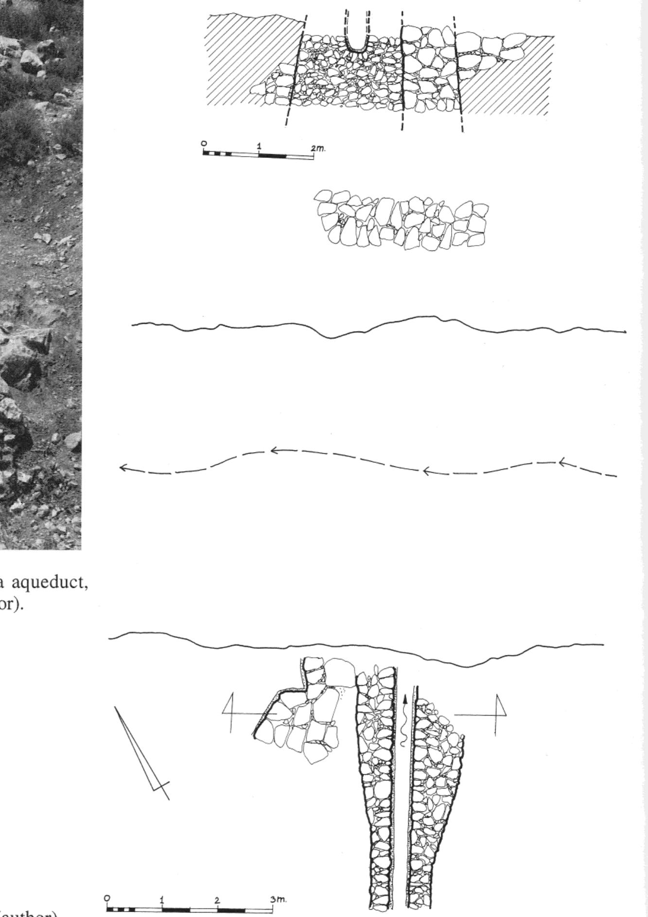 why it was added to the previous systems. A further well-preserved section of the Shechem aqueduct was found west of Ijnisinya in a terrace wall. The expedition of the 1930s assumed that it descended a steep incline towards another ruined structure, but there is no reason to assume that the aqueduct began a steep descent at this point having sustained a moderate  incline for the previous 14 km. Its high elevation was doubtless intended to reach the acropolis of Sebaste.  Four layers of plaster belonging to two different phases can be recognized in several sectors (fig. 11). Each phase consists of a grey cement-like mortar, a smooth hydraulic plaster above, and a layer of sinter on top. First comes a layer of light grey mortar with ash (diameter up to 2 mm) and other aggregates (mainly chalk and flint, diameter up to 6 mm); above is a pink hydraulic plaster, well smoothed, including ground pottery and chalky aggregates (diameter up to 5 mm), with a thin layer of sinter (0.5 mm). Next comes another grey layer of mortar, darker than the first layer, and including large charcoal granules (up to 15 mm), followed by a 