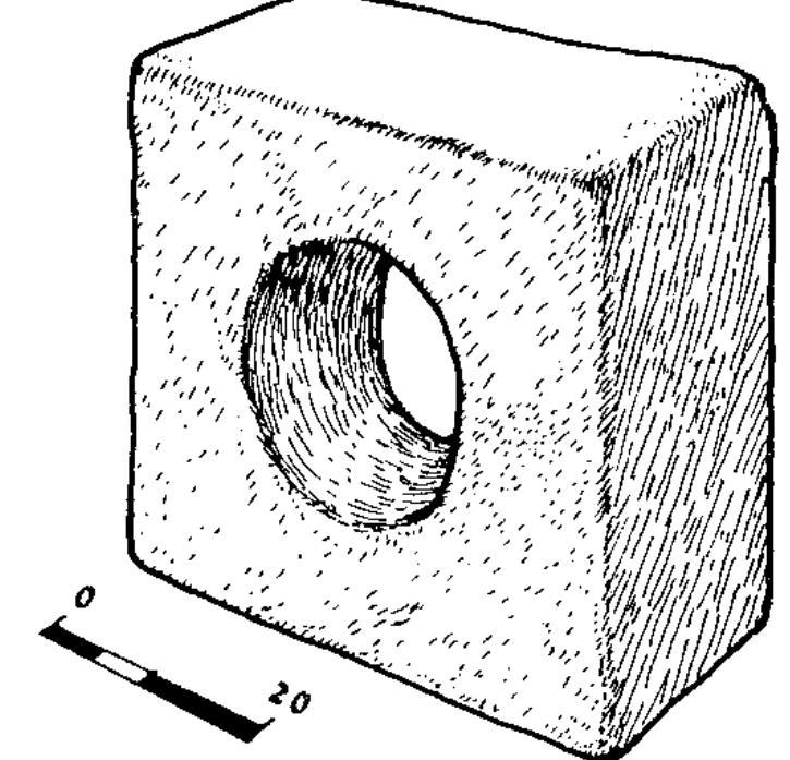 Sebaste sits on a hill which is isolated on all sides. On the E side it is separated from the ridge by a saddle 40-55 m lower than the elevation of the various water networks. We presume that the networks did in fact cross this saddle and that they maintained their elevation so that they could flow into the city. The Naqura aqueduct was indeed found at the correct elevation inside Sebaste, and there can be no doubt that the Shechem aqueduct, which had re- tained the advantage of its elevation for 14 km, did not lose it at the saddle. Today the village of Sebastiya has extended over the slopes of the saddle and survey is difficult here. Our survey therefore had to stop at the E edge of the saddle. Only the second terracotta pipe can be said  Fig. 12. Stone segment found close to { the pipe aqueduct, possibly used to { strengthen the pipe of a siphon (author). | 