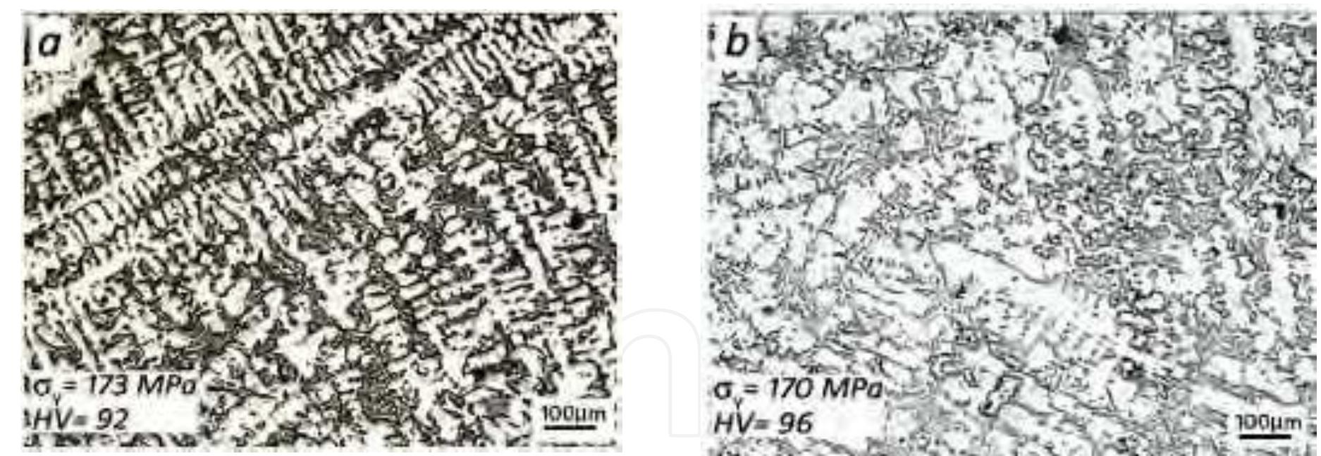 The microstructures of two solidified samples with different