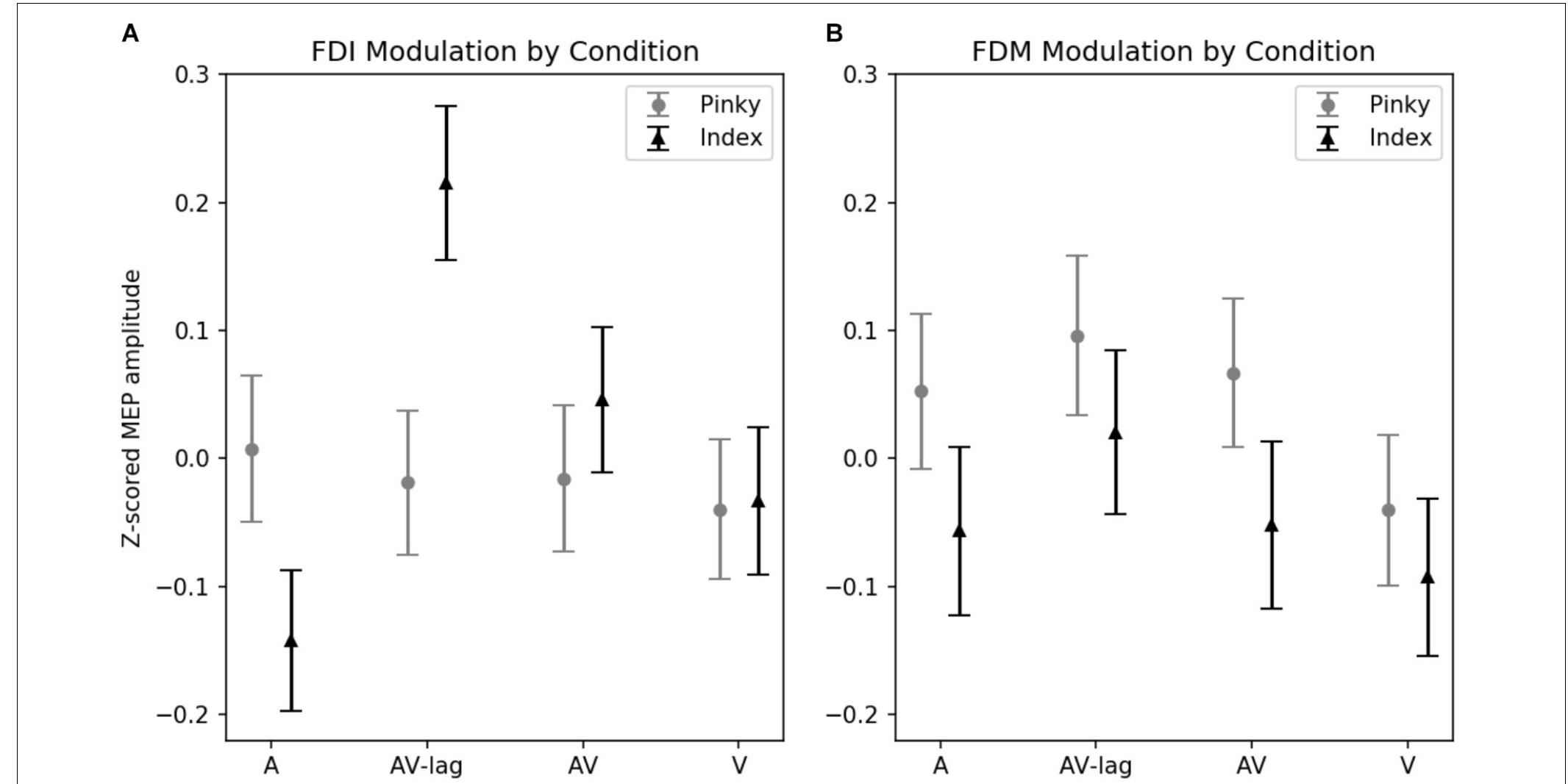 | z-scored mep amplitudes for each modality and finger