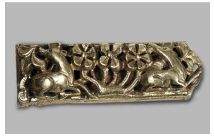 Figure 3. Belt terminal with deer amid foliage. Gold engraving, thirteenth century, Gashun-Ust, Stavropol, Northern Caucasus. 