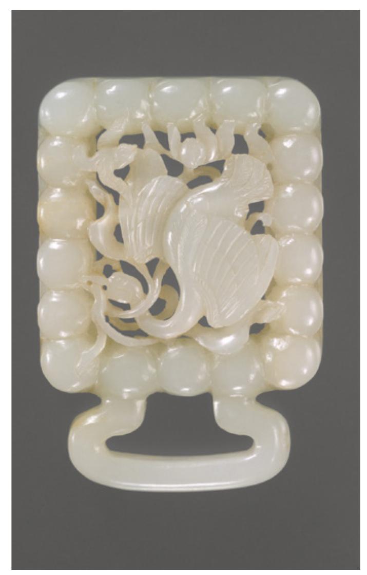 Figure 8. Jade belt ornament with a falcon attacking a swan. Jurchen culture, twelfth to fourteenth century. 
