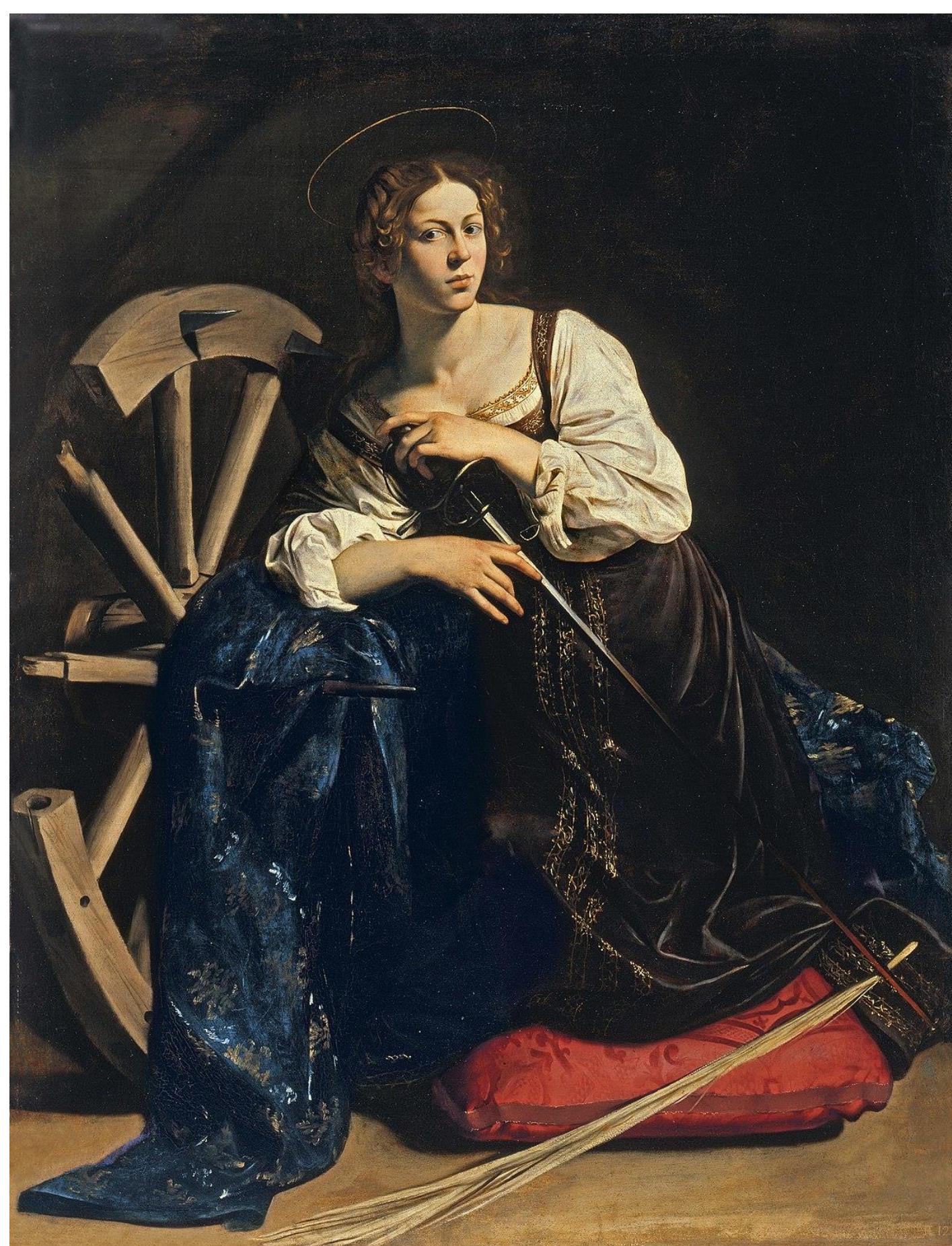 Figure 2: : CARAVAGGIO (Michelangelo Merisi), Saint Catherine of Alexandria, c. 1598 — 1599. Museo Nacional Thyssen-Bornemisza, Madrid. Saint Cathrine is shown with the broken wheel and the sword of martyrdom. 