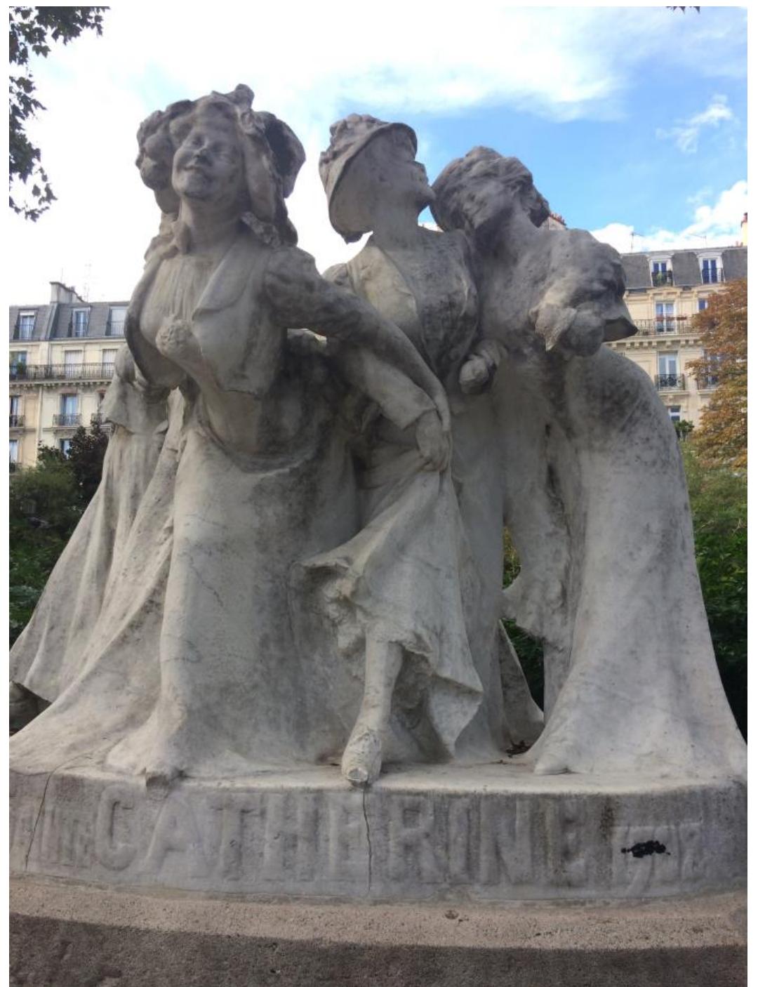 Figure 7: Marble Statue of Celebrating Catherinettes at Square Montholon, Paris 9e, by Julien Lorieux, 1908, dedicated to the female workers in Paris ©Dorothea Nicolai  The custom of celebrating the Catherinette became especially strong during the 1950s and 1960s with the prime time of Haute Couture and the famous fashion houses like Dior,  Balenciaga, and others. With the shrinking business of Haute Couture the custom a  vanished in the 1990s, also, because the “spinster aspect” was considered to be “old  fashioned”. Today, since several years, the custom regains interest and strength to the fashion tradition. The custom returned in a refreshed version: it stresses the pro fashion bondage, it is celebrated for young men and women together, the aspect of “necessary marriage” vanished: it’s fun, it’s a party! The Paris municipality invites al  most  present essional a  Catherinettes to the City Hall for official festivities and the custom returned to a general consciousness. Extravagant hat designs have been elaborated by famous hatters like Philip  Tracy and others. The 25" of November is a fashion holiday again! 