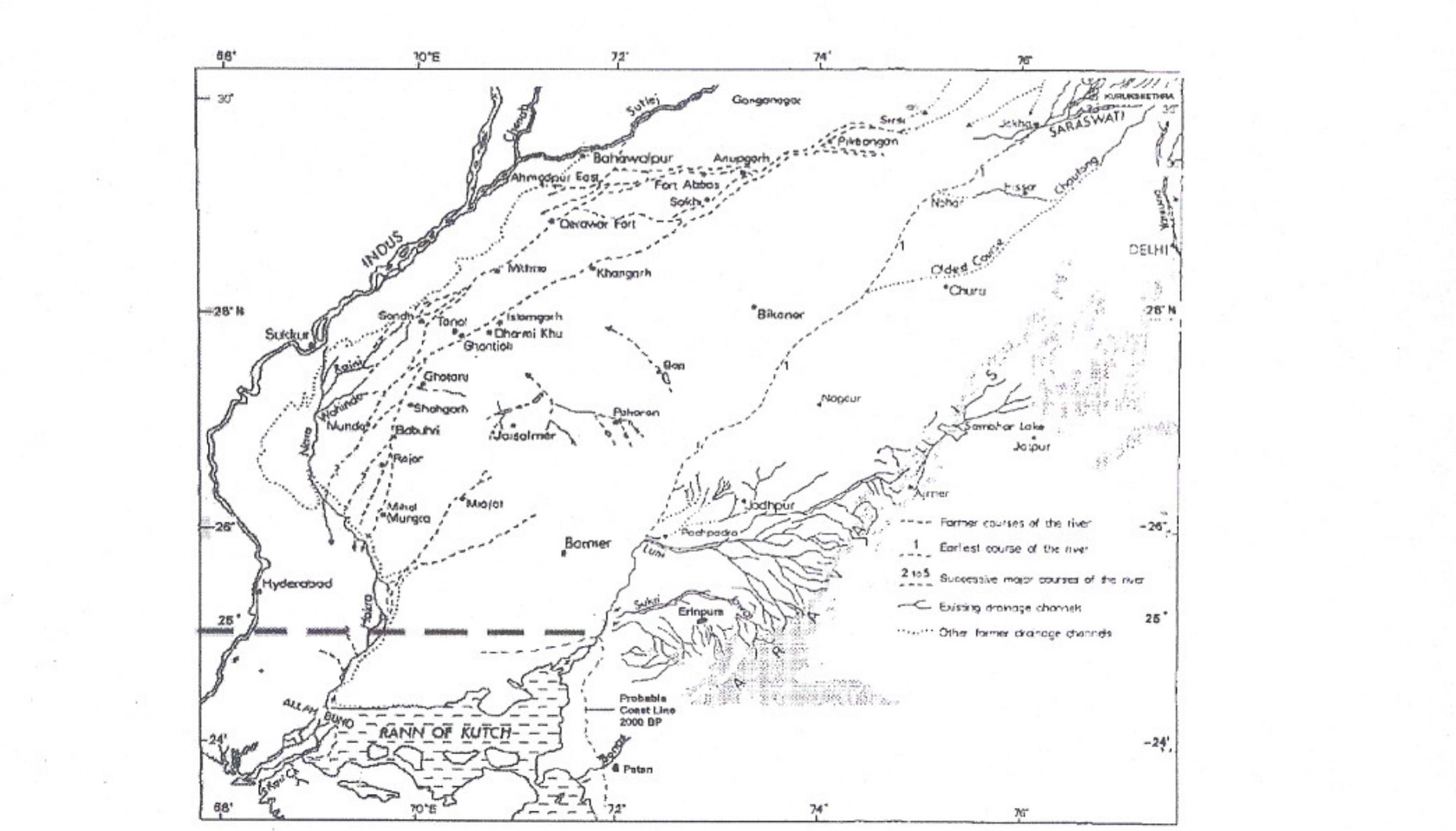 Fig. 1: Map of South Rajasthan and Rann-of-Kutch. This has been prepared combining the maps of Ghose ef a/ and Sivewright. The shore line duri  Alexander’s time (325 BC) was approximately along 25° N, according to Sivewright. In the Rigvedic period the sea shore and consequently /rina shou nave been slightly north of this line, 