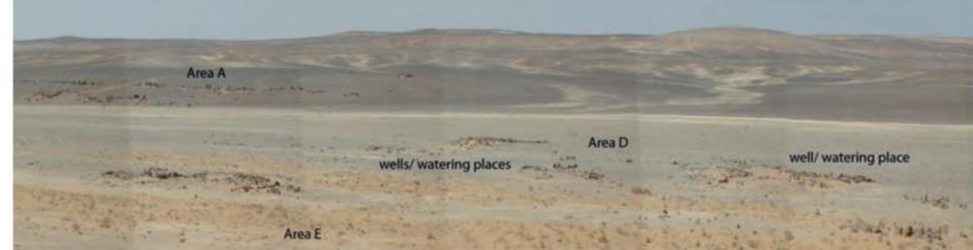Figure 2. Qulban Bani Murrah, Areas D and A: Panoramic view of watering/well complexes (Area D in the bed of Wadi al-Sahab al-Abyad, foreground) and of the line of round megalithic structures on the south- western wddi slopes (Area A) (Photo from NNE: ©H.G.K. Gebel, EJP). 