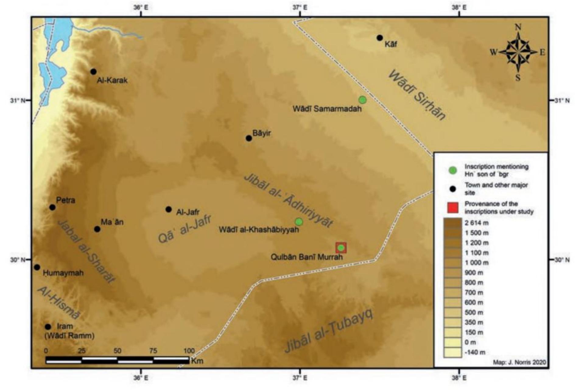 Figure 5. A map of south-eastern Jordan showing the distribution of the Hismaic inscriptions mentioning Hnson of *>bgr (©J. Norris).  QBM 4  A more or less triangular slab of limestone standing on the ground which bears an un- known number of Hismaic inscriptions (Figure 4b). The texts on the central part of the stone were incised in thin letters that greatly suffered from the weathering process, being entirely illegible on the available photograph with the exception of a few glyphs among which w, d, b or r and two t-s. The lower part of the stone, on the other hand, has a text in larger letters that are also badly eroded, though sufficiently preserved to offer a reading. The inscription contains nine letters and reads from right to left: 