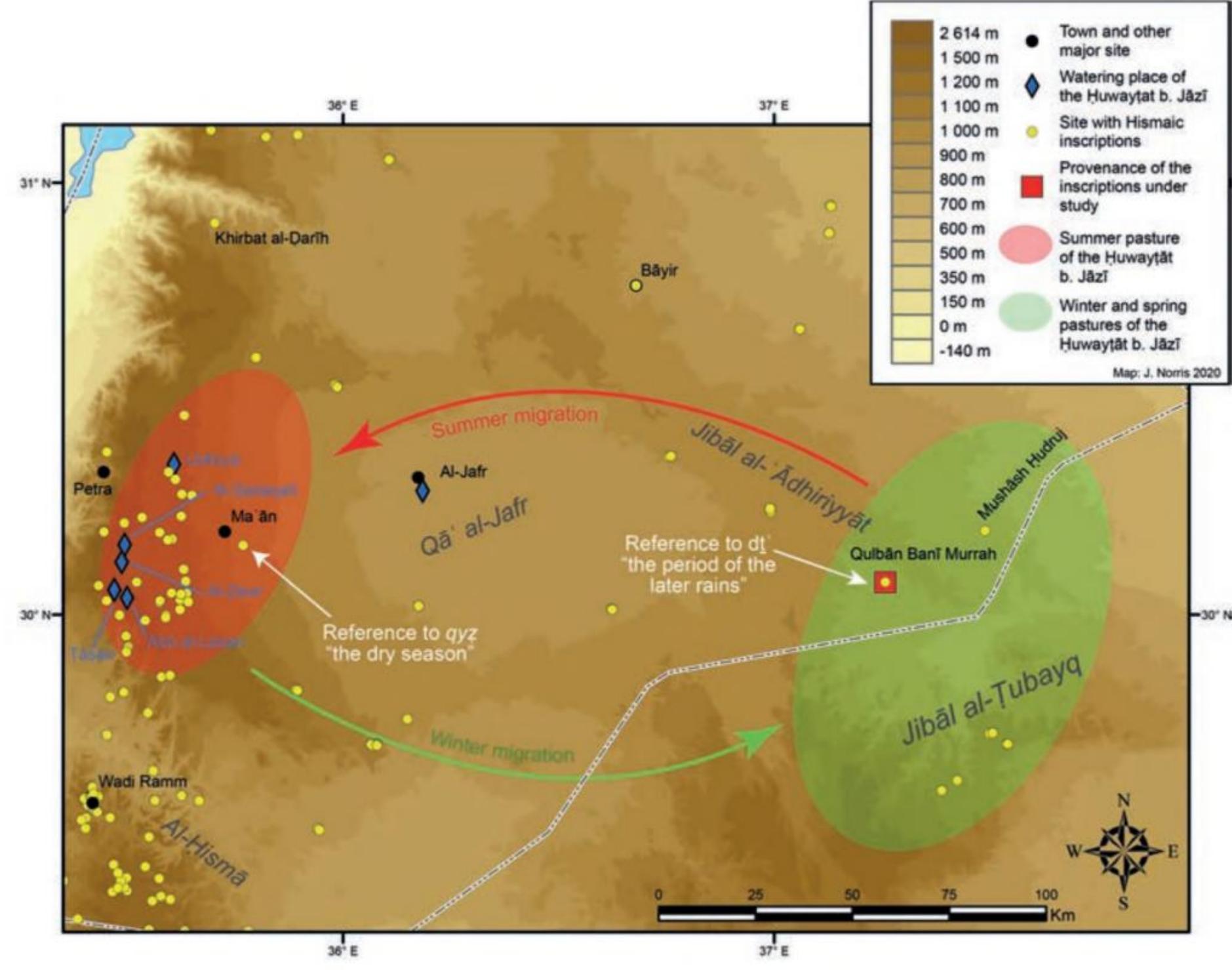 Figure 7. A map illustrating the migration pattern of the Huwaytat ibn Jazi and the spatial distribution of the known Hismaic inscriptions (©J. Norris). 