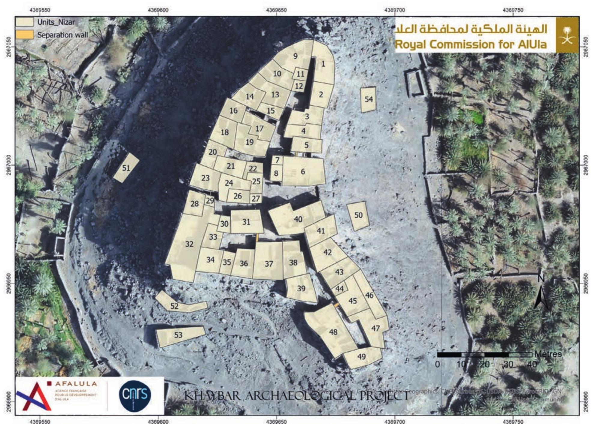 FIGURE 16. A map of architectural units identified at al-Nizar (OKhaybar LDAP, G. Chung To and M. AL-Jaghdani). 