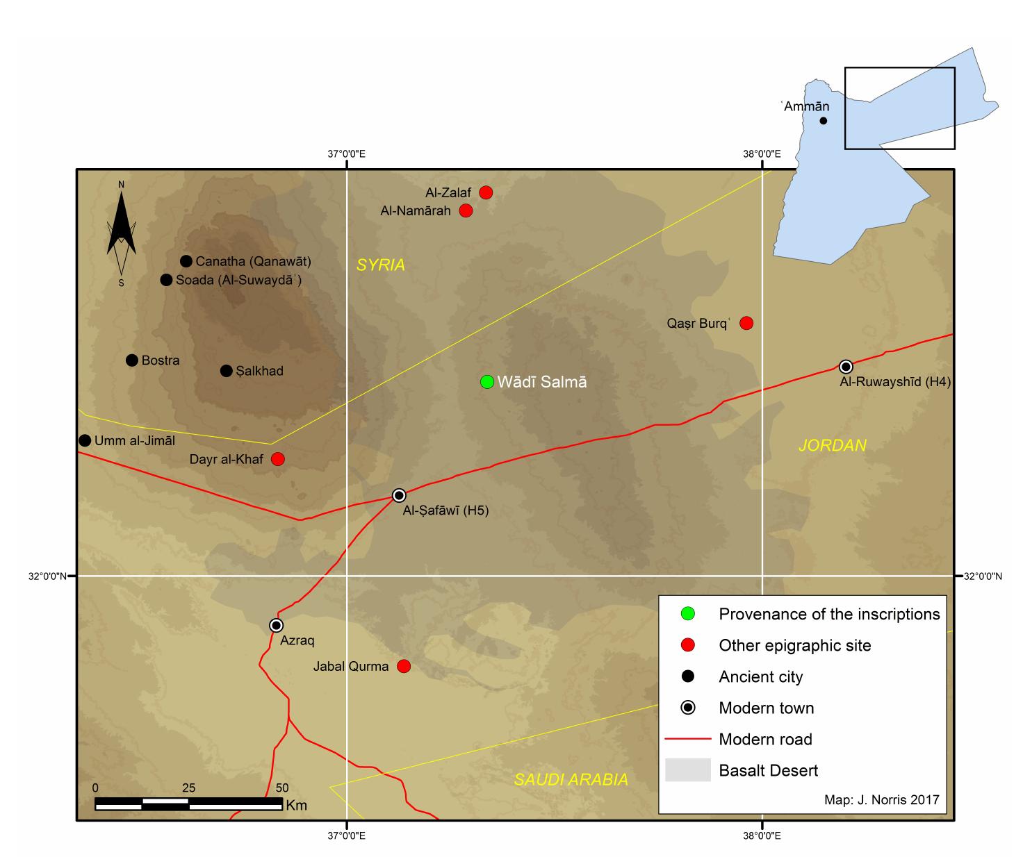 Figure 1: A map of the Jordanian harrah desert showing the site on which th inscriptions were recorded (Map: J. Norris). 