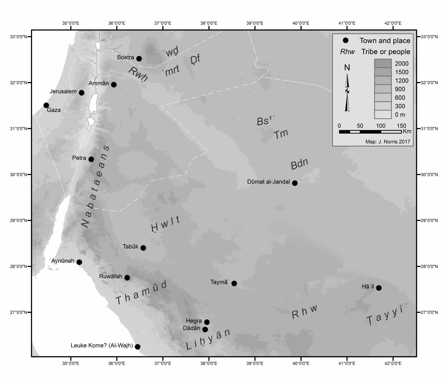 Figure 7: A map of north-west Arabia showing some of the local peoples and lineage groups (Map: J. Norris). 